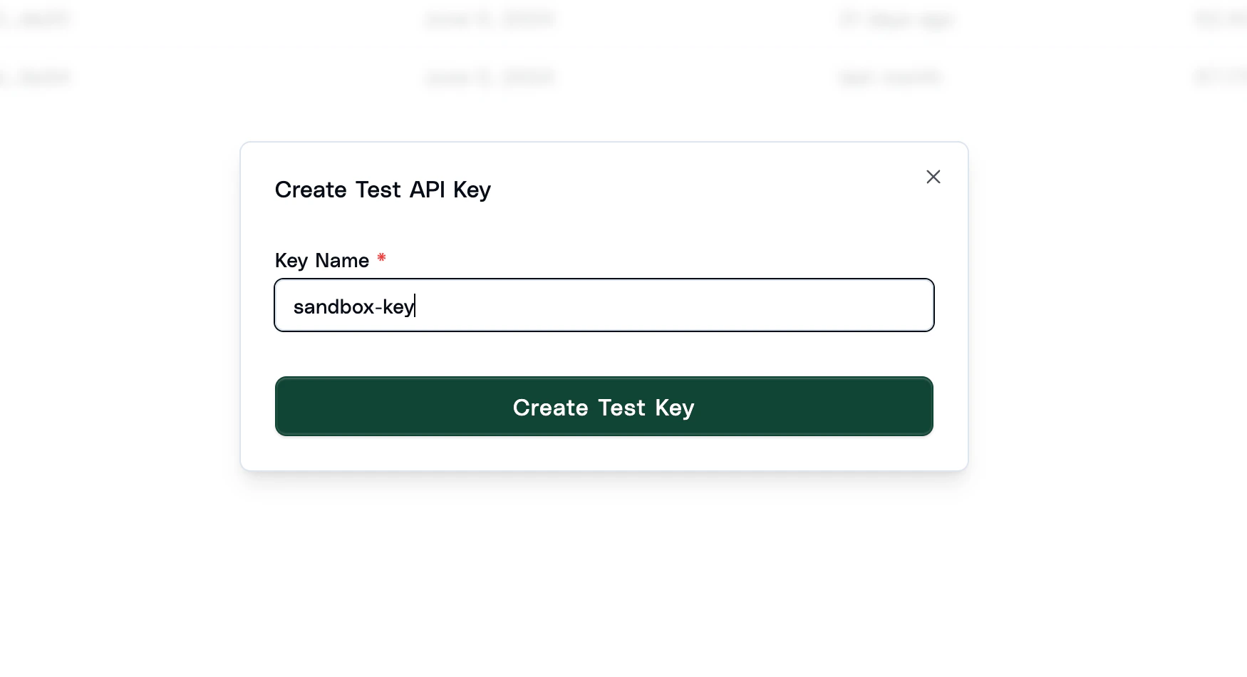 Creating a test API key in Camber dashboard