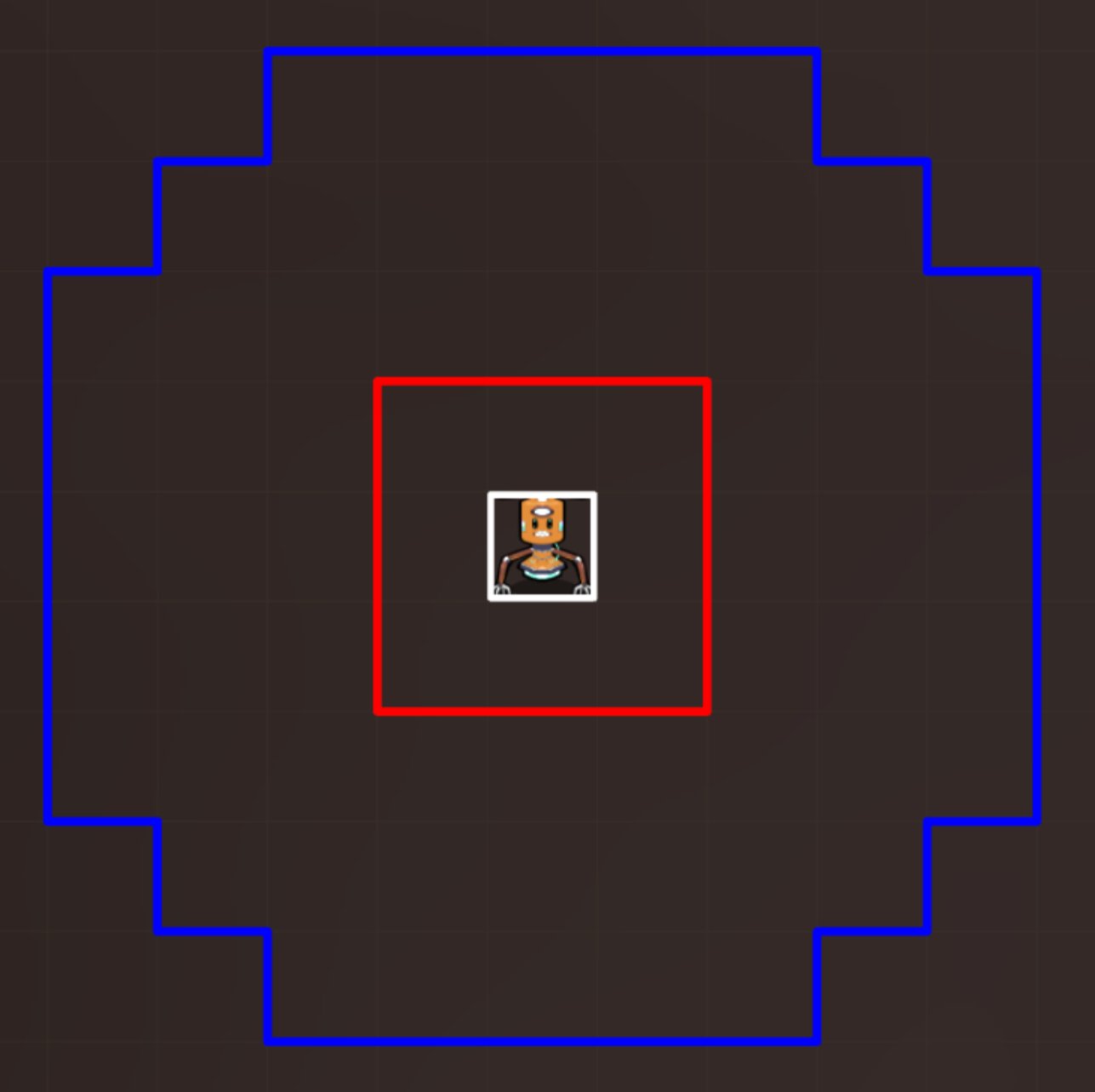 Builder bot range — blue is vision, red is action radius