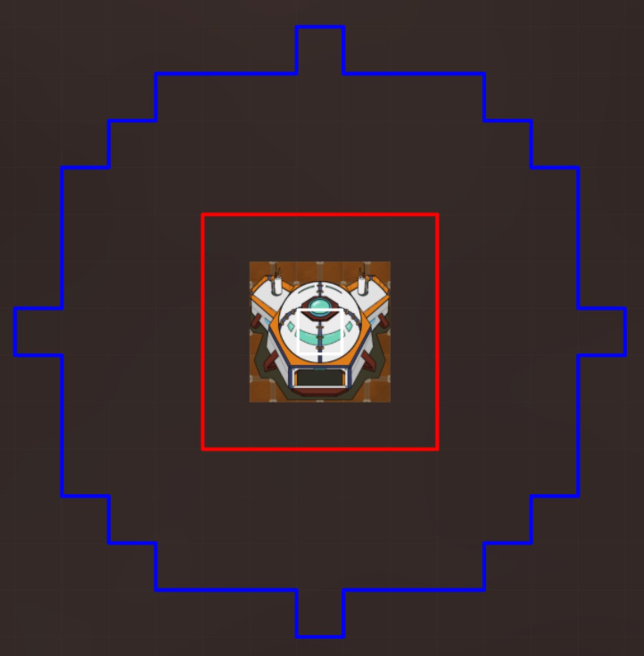 Core range — blue is vision, red is action radius