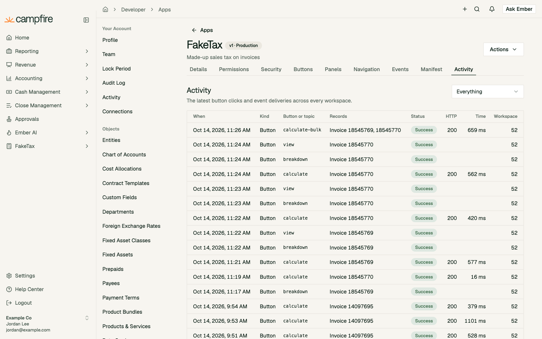 The Activity tab listing recent calculate, view, breakdown and calculate-bulk button clicks with status, HTTP code and timing