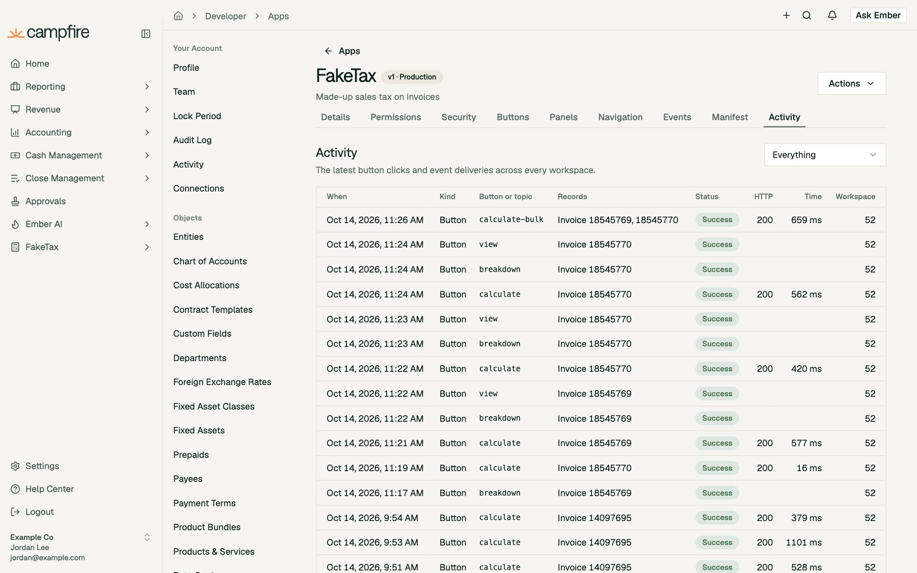 The Activity tab listing recent calculate, view, breakdown and calculate-bulk button clicks with status, HTTP code and timing