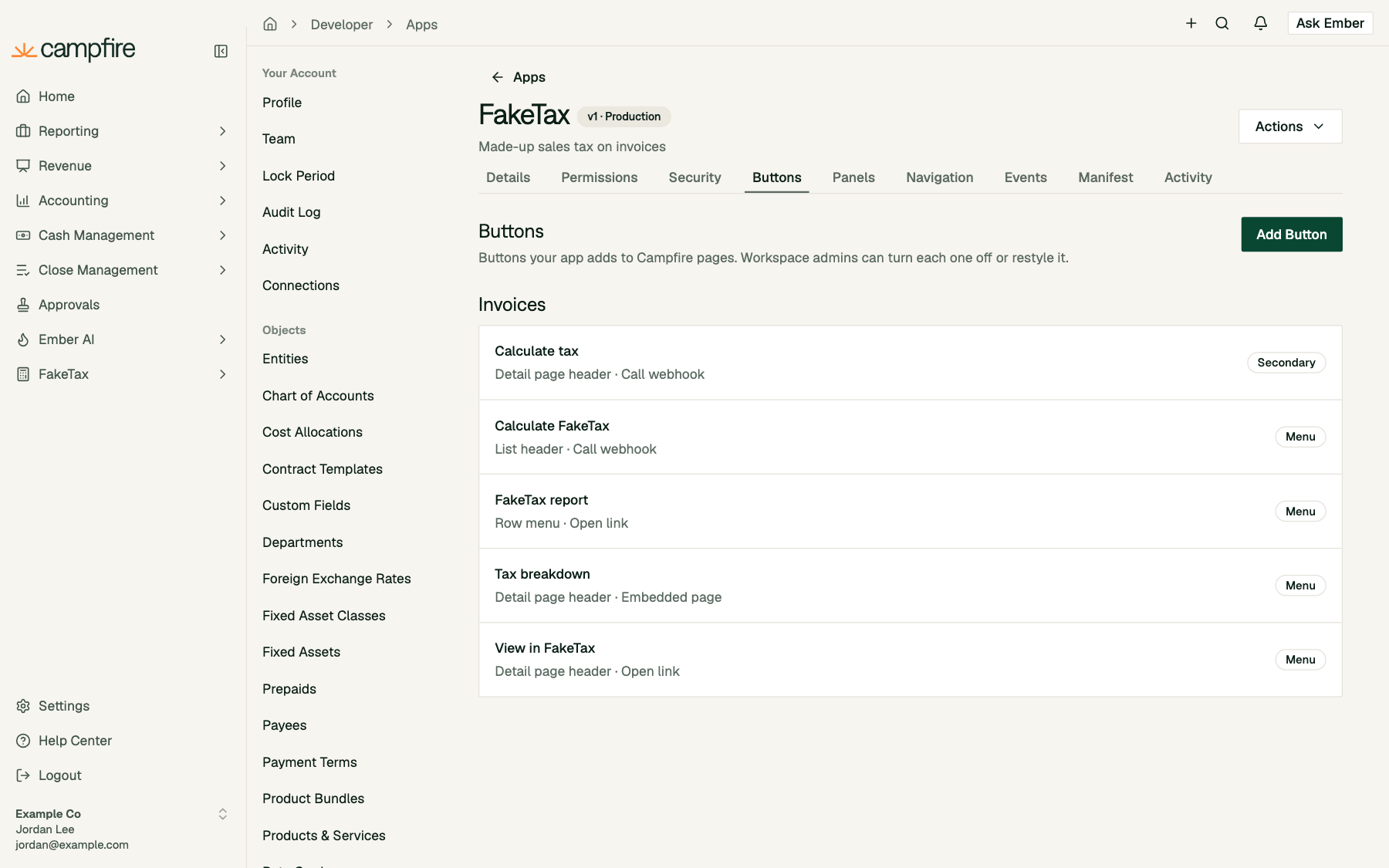 The Buttons tab listing FakeTax's five invoice buttons