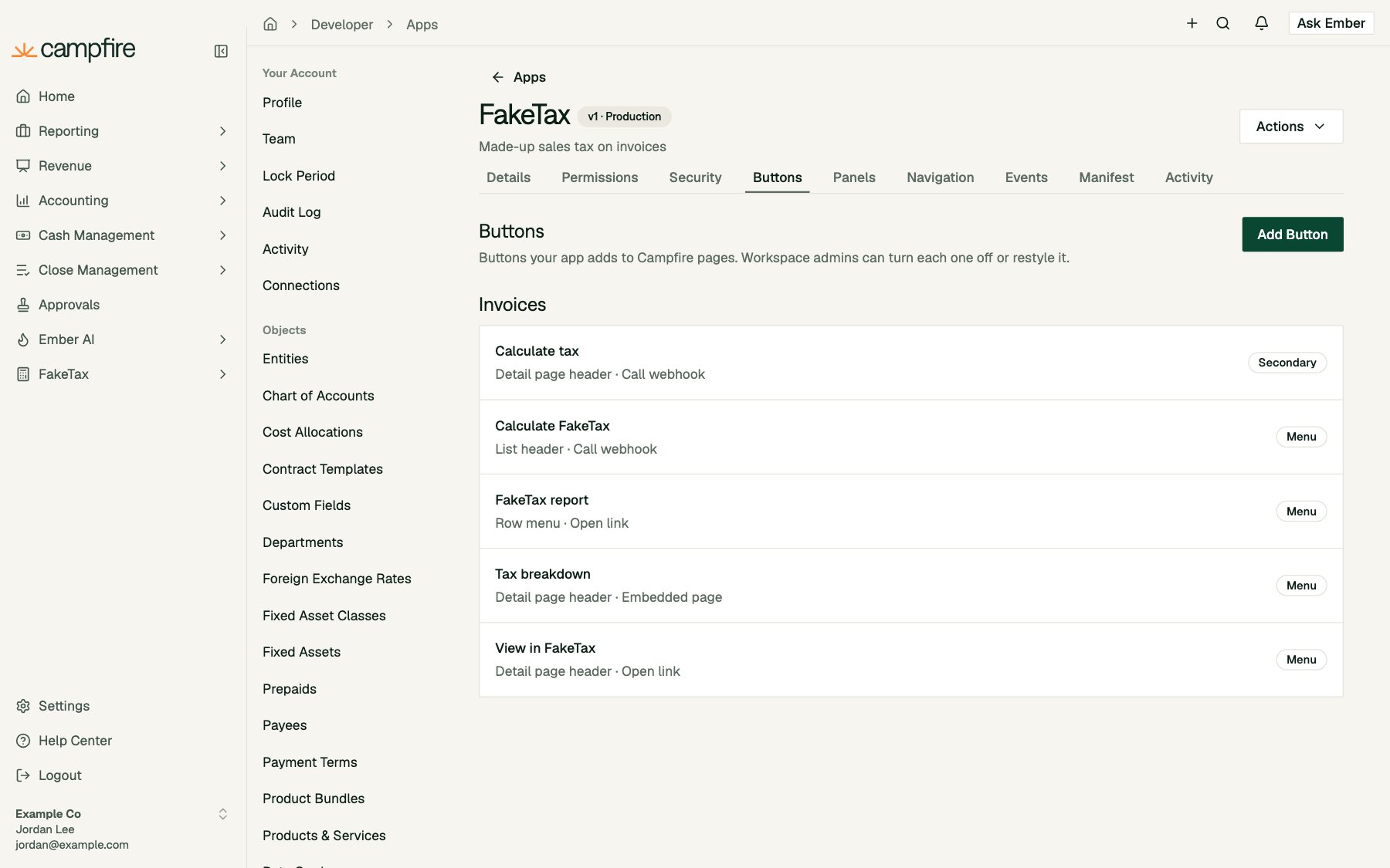 The Buttons tab listing FakeTax's five invoice buttons