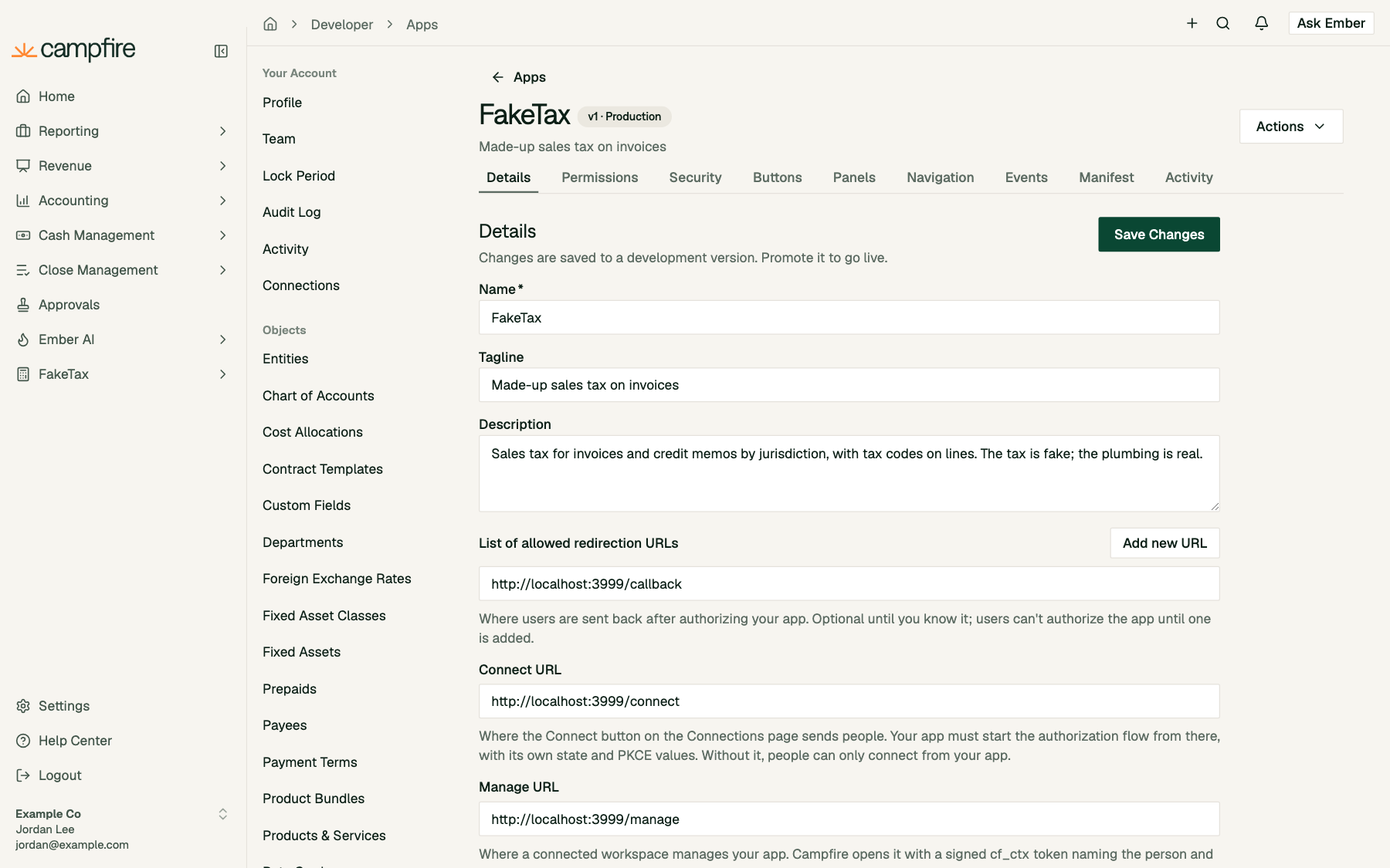 The FakeTax app page on the Details tab, with a v1 Production badge and an Actions menu