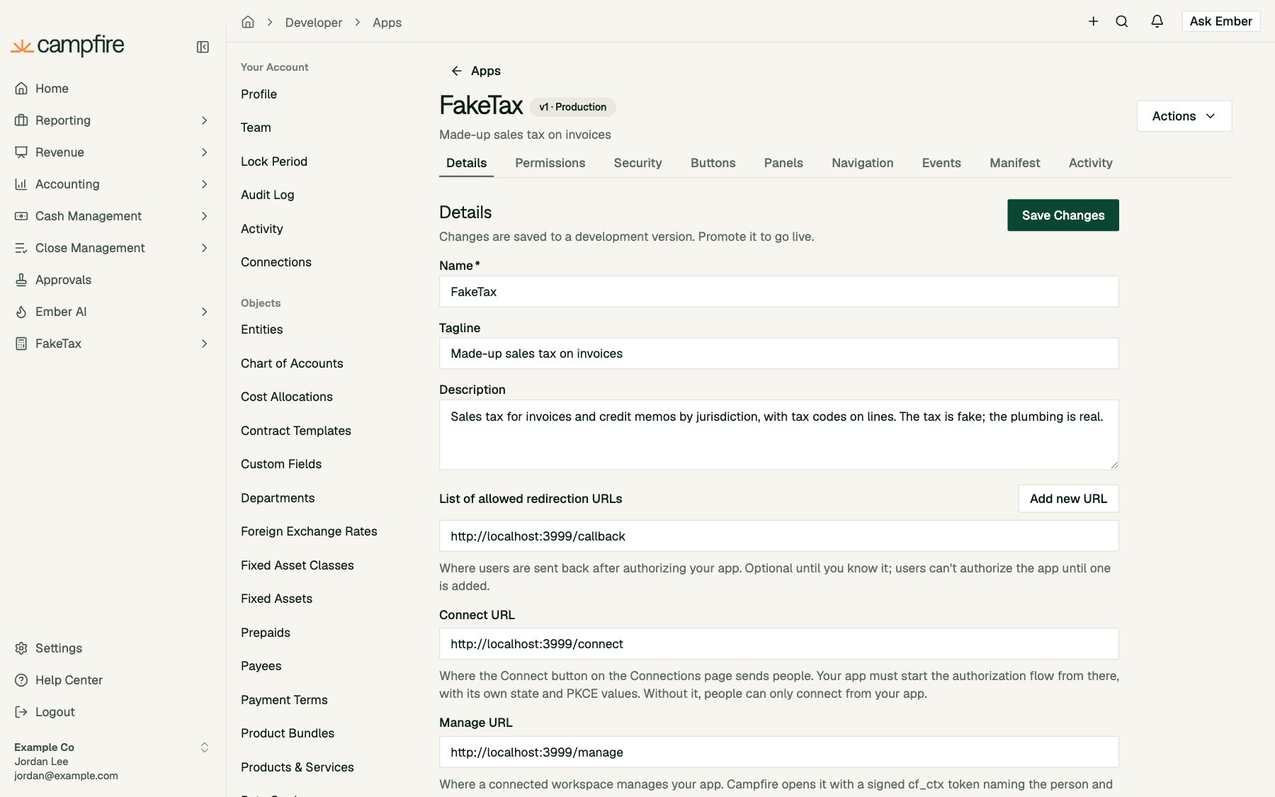 The FakeTax app page on the Details tab, with a v1 Production badge and an Actions menu