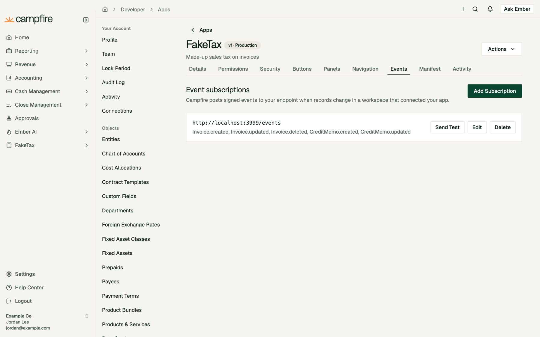 The Events tab with one subscription to Invoice and CreditMemo topics, with Send Test, Edit and Delete