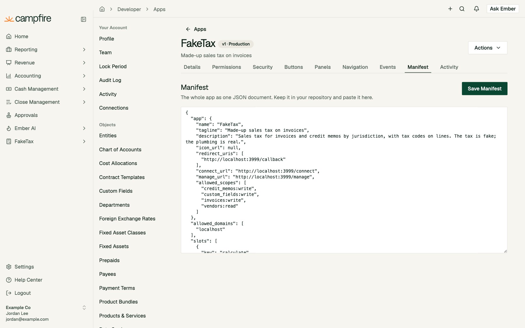 The Manifest tab showing FakeTax's manifest as JSON with a Save Manifest button