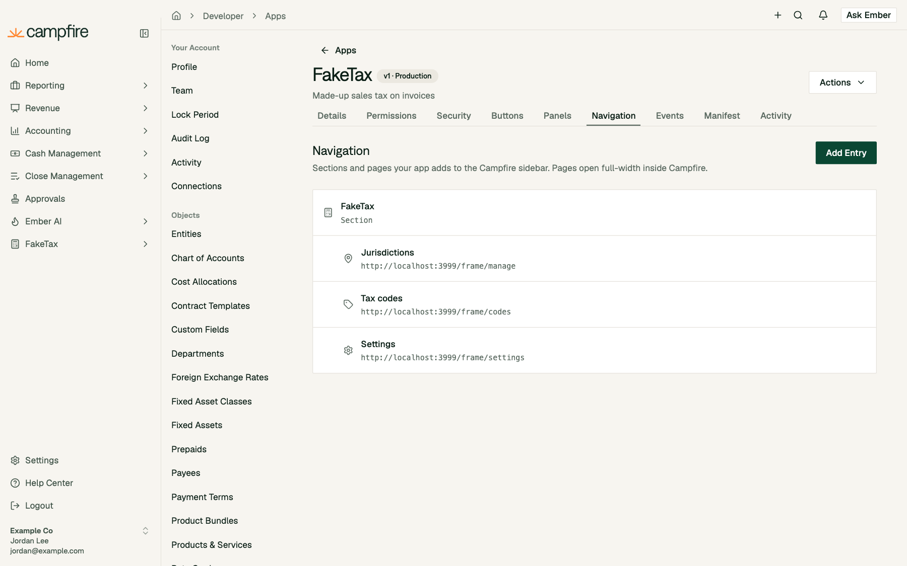 The Navigation tab with a FakeTax section containing Jurisdictions, Tax codes and Settings pages