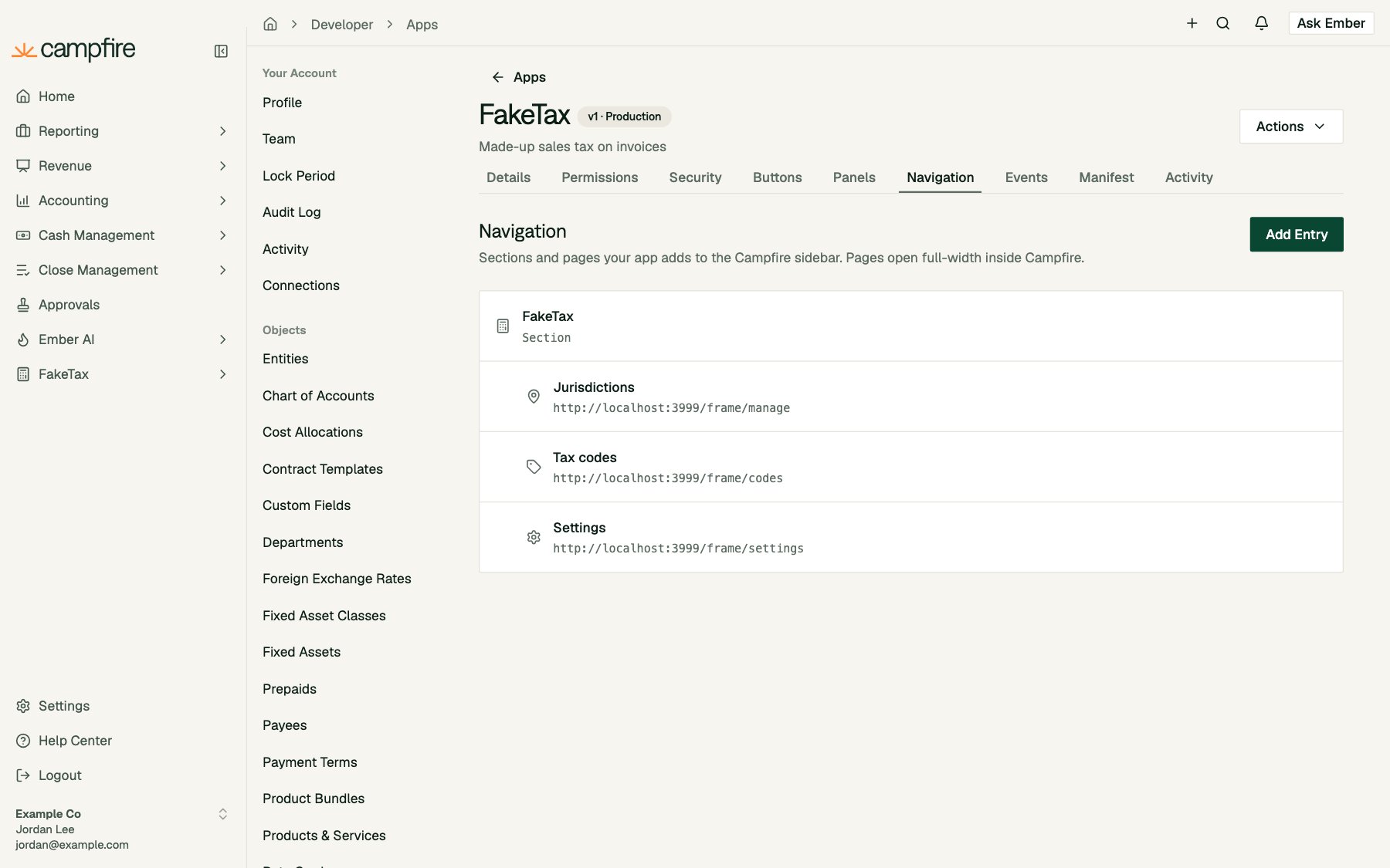 The Navigation tab with a FakeTax section containing Jurisdictions, Tax codes and Settings pages