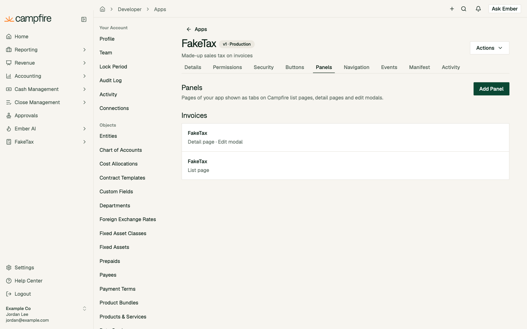 The Panels tab with a FakeTax panel on the invoice detail page and edit modal, and one on the list page