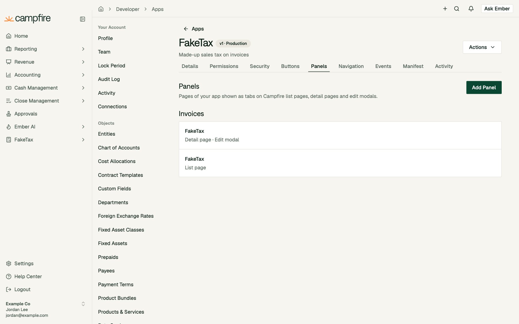 The Panels tab with a FakeTax panel on the invoice detail page and edit modal, and one on the list page