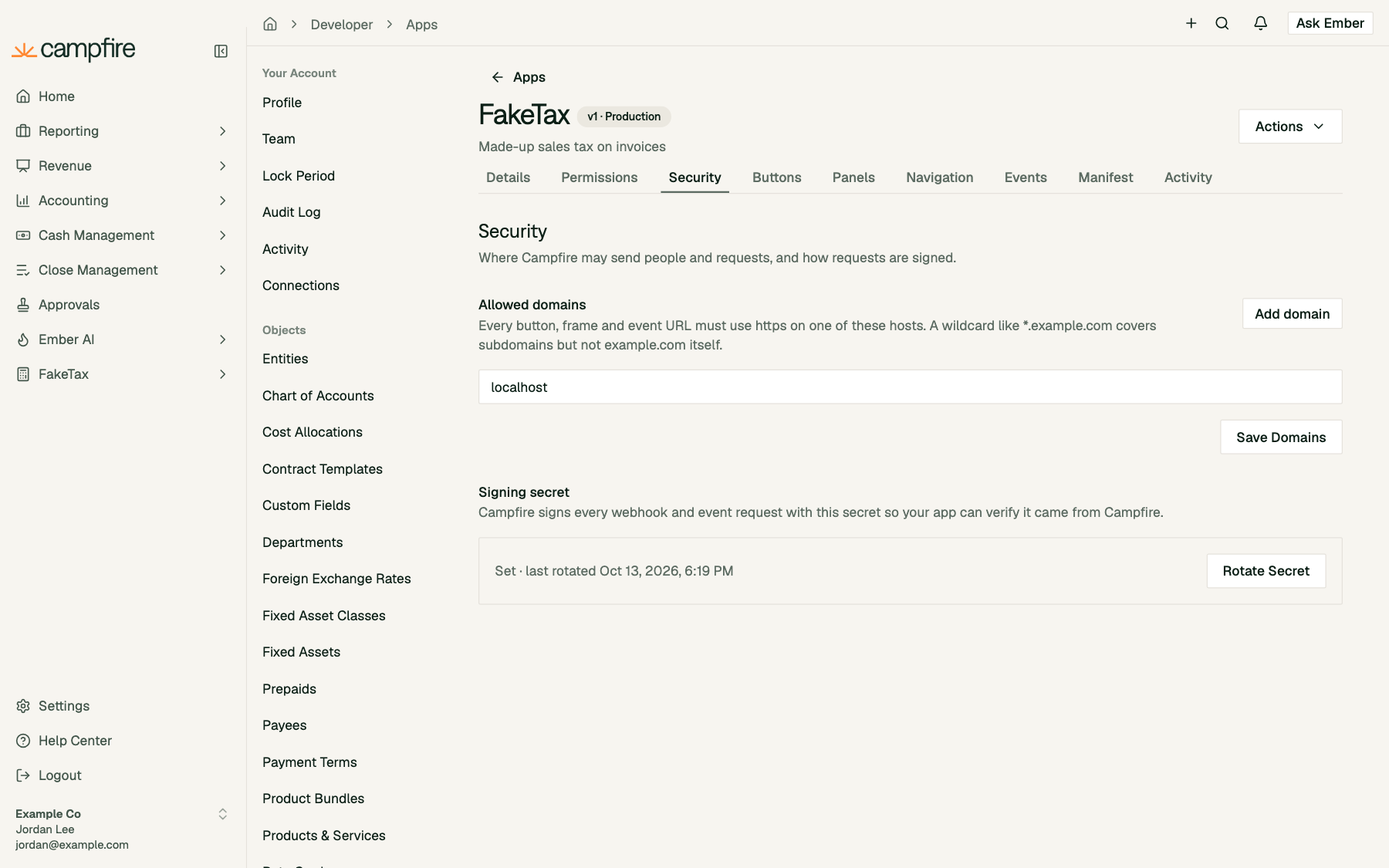 The Security tab with an allowed domain and the signing secret