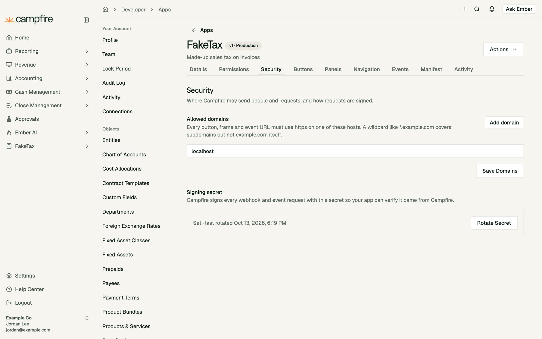 The Security tab with an allowed domain and the signing secret