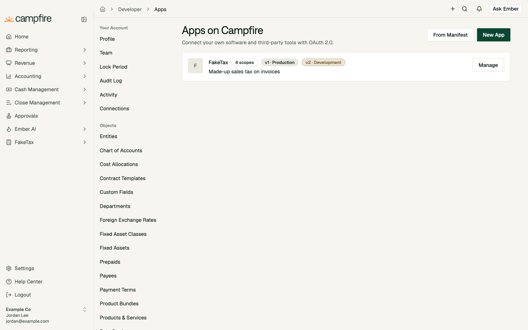The FakeTax card on the Apps page showing v1 Production and v2 Development badges