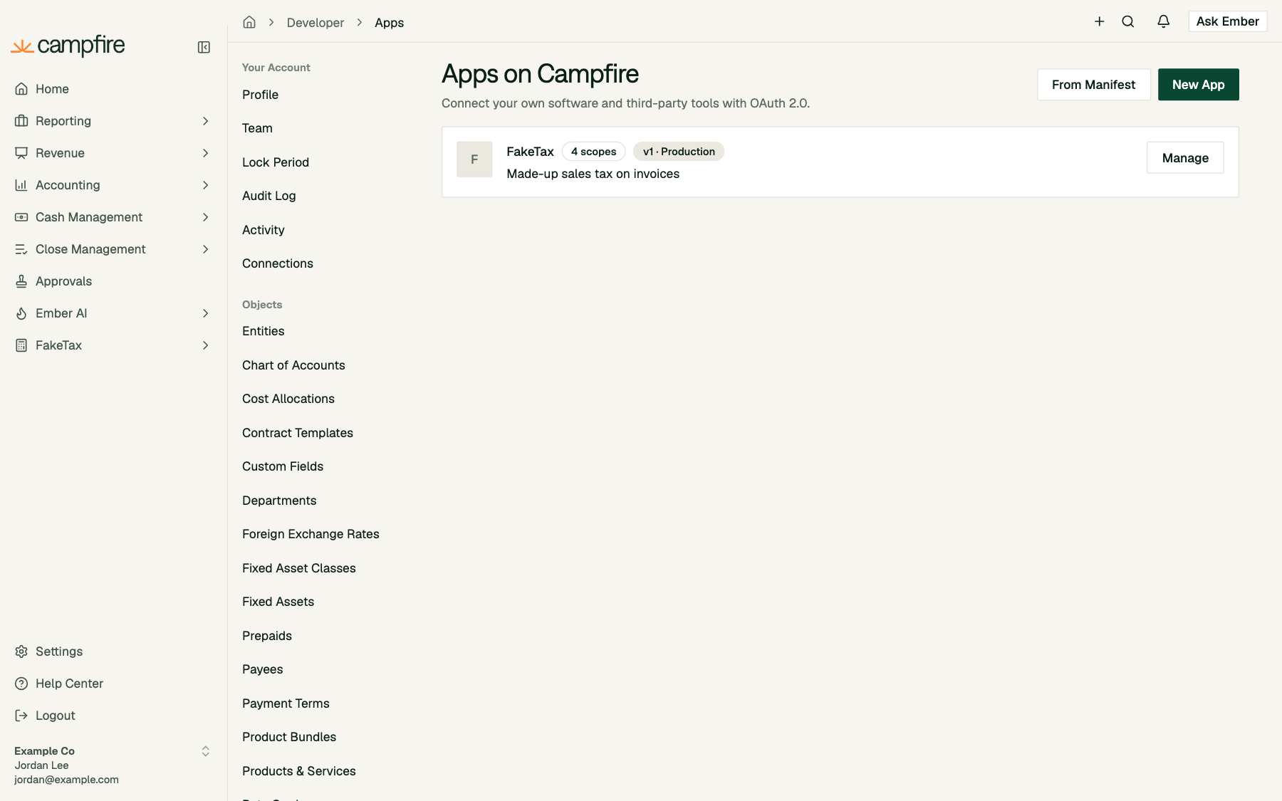 The Apps page listing FakeTax with 4 scopes and a v1 Production badge, and a Manage button
