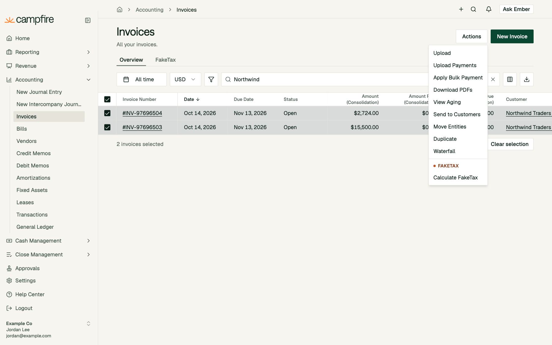 Two invoices selected on the invoice list with the Actions menu open showing Calculate FakeTax under FAKETAX