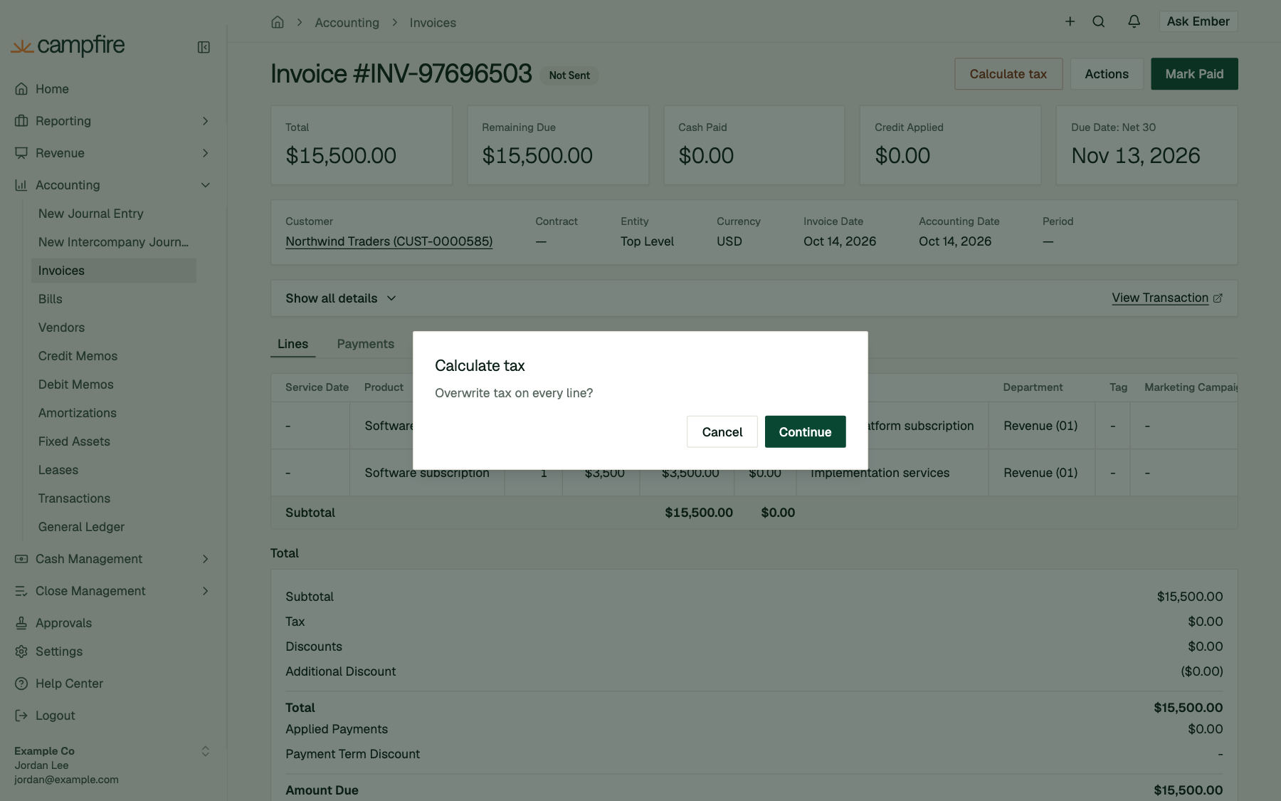 A Calculate tax confirmation dialog asking Overwrite tax on every line?