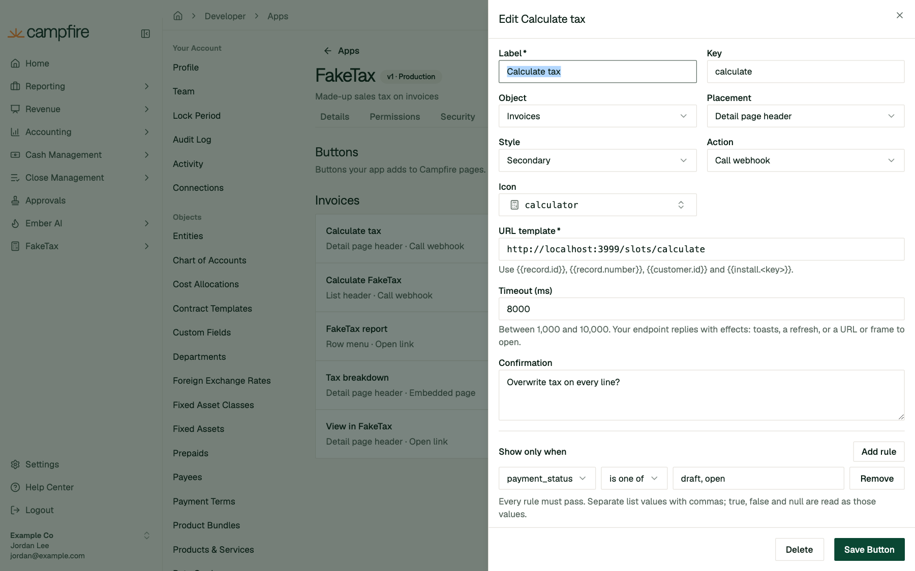 The Edit Calculate tax sheet with label, key, object, placement, style, action, icon, URL template, timeout, confirmation and visibility rule