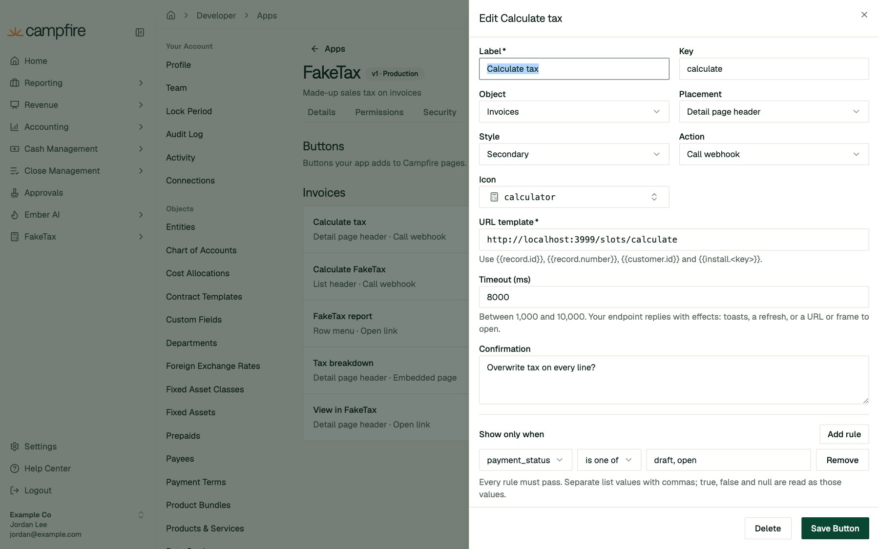 The Edit Calculate tax sheet with label, key, object, placement, style, action, icon, URL template, timeout, confirmation and visibility rule