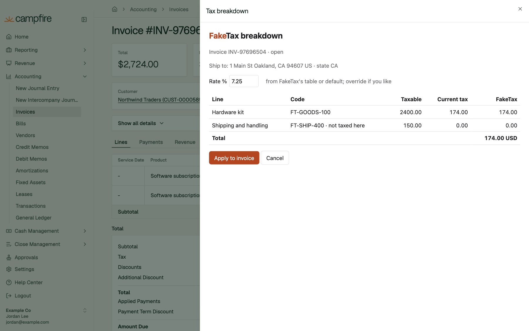 The Tax breakdown drawer showing FakeTax's per-line breakdown with an Apply to invoice button
