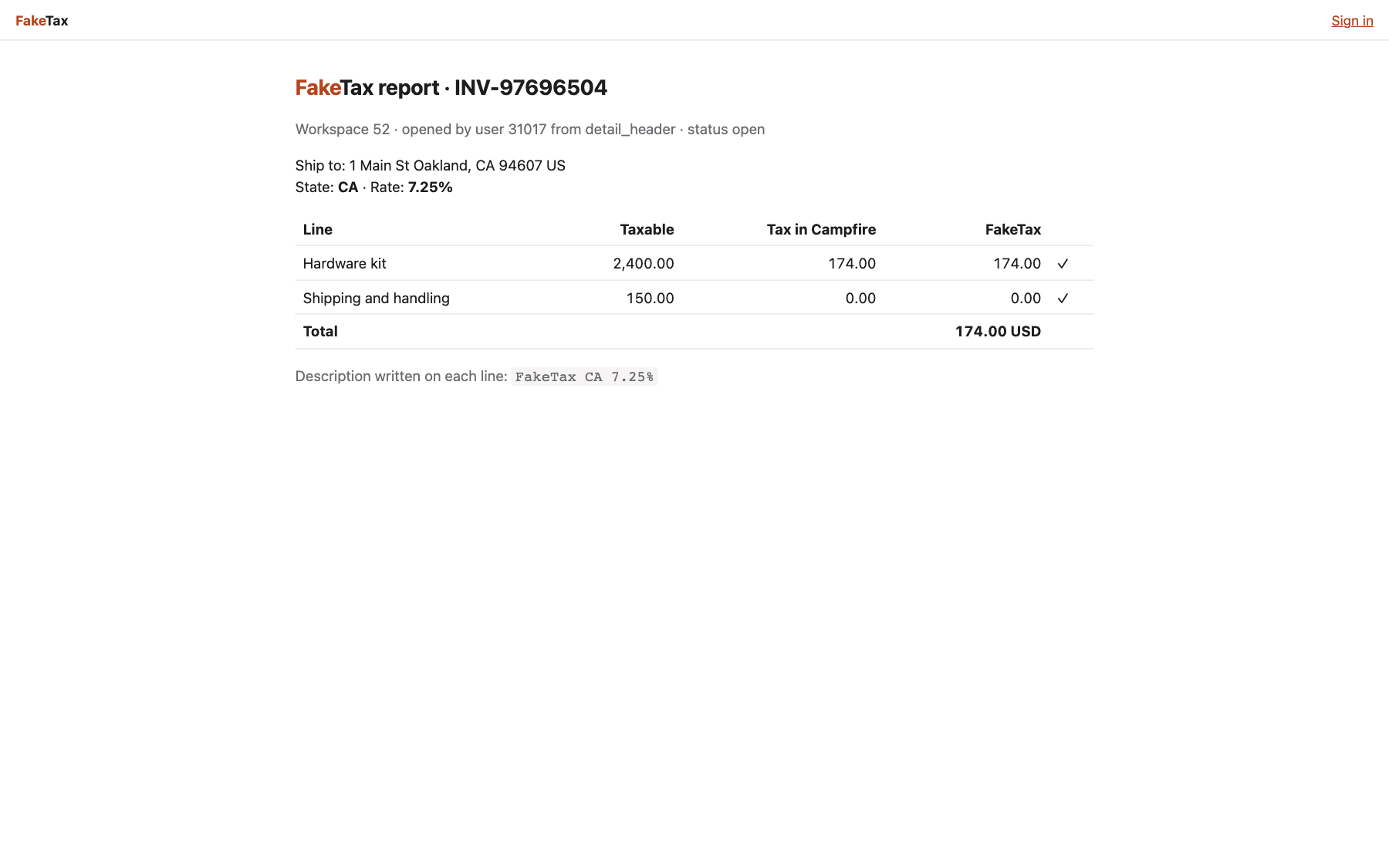 The FakeTax report for an invoice, opened from Campfire with a context token