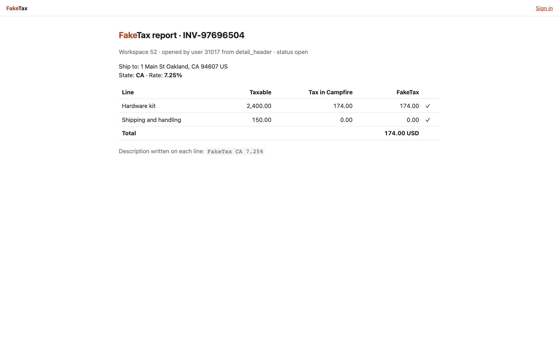 The FakeTax report for an invoice, opened from Campfire with a context token