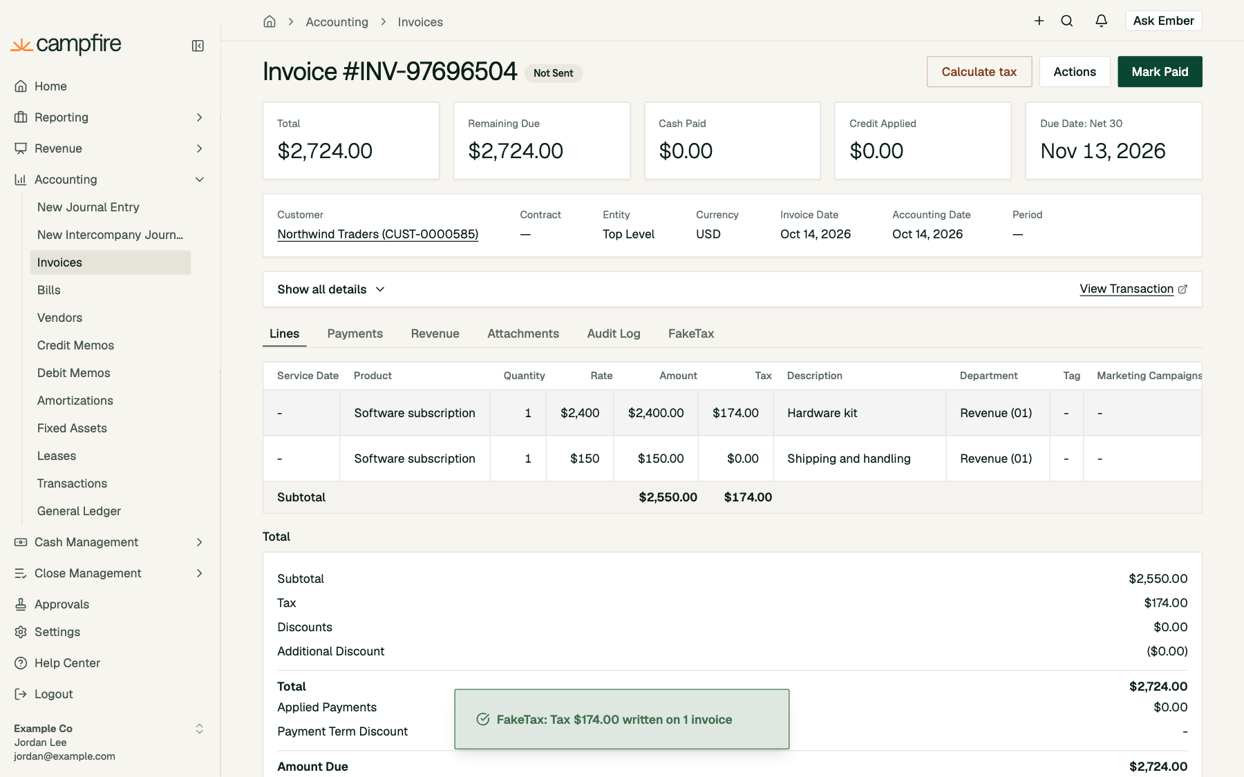 The invoice after Calculate tax, with $174.00 of tax on the hardware line and a success toast