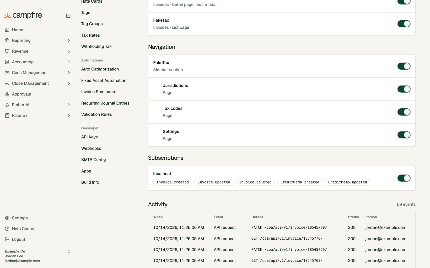 The connection page's Panels, Navigation and Subscriptions switches and the connection activity log