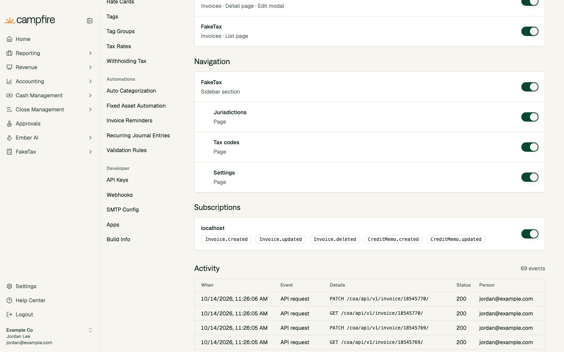 The connection page's Panels, Navigation and Subscriptions switches and the connection activity log