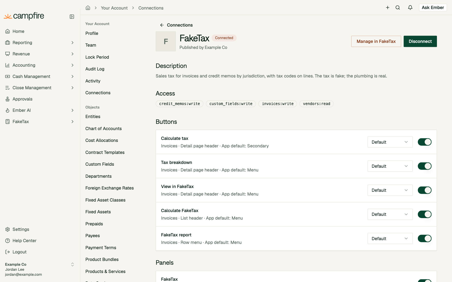 The FakeTax connection page with Manage in FakeTax and Disconnect buttons, and switches for each button