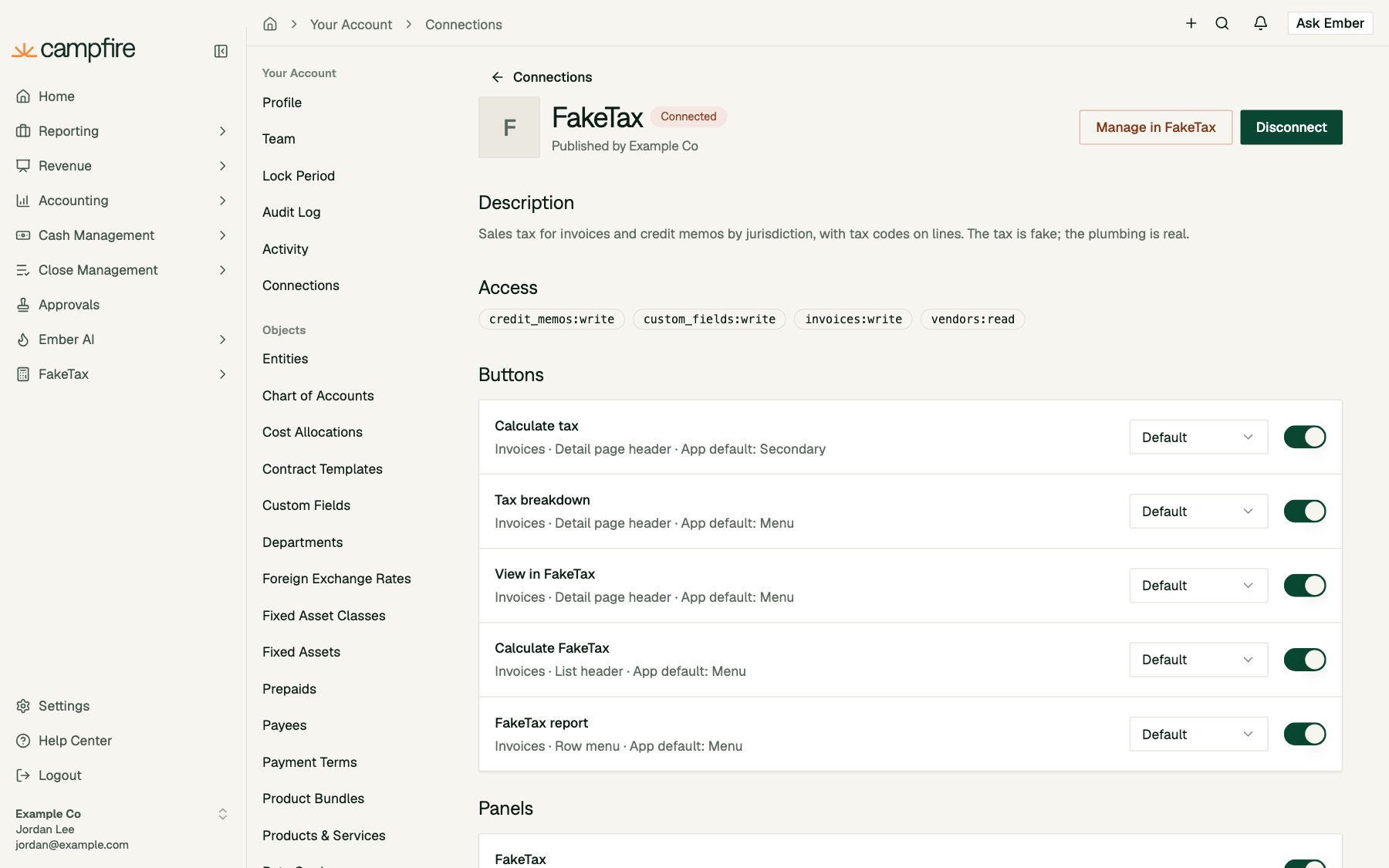 The FakeTax connection page with Manage in FakeTax and Disconnect buttons, and switches for each button
