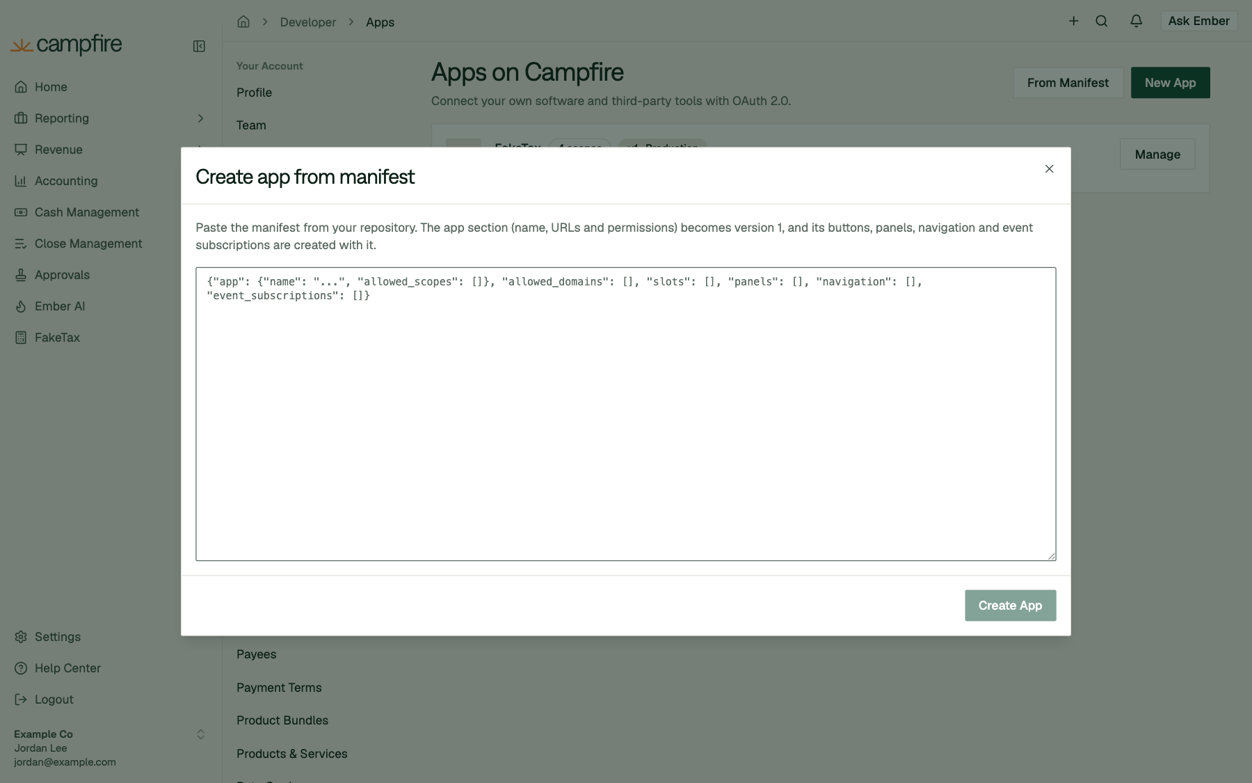 The Create app from manifest dialog with a JSON text area