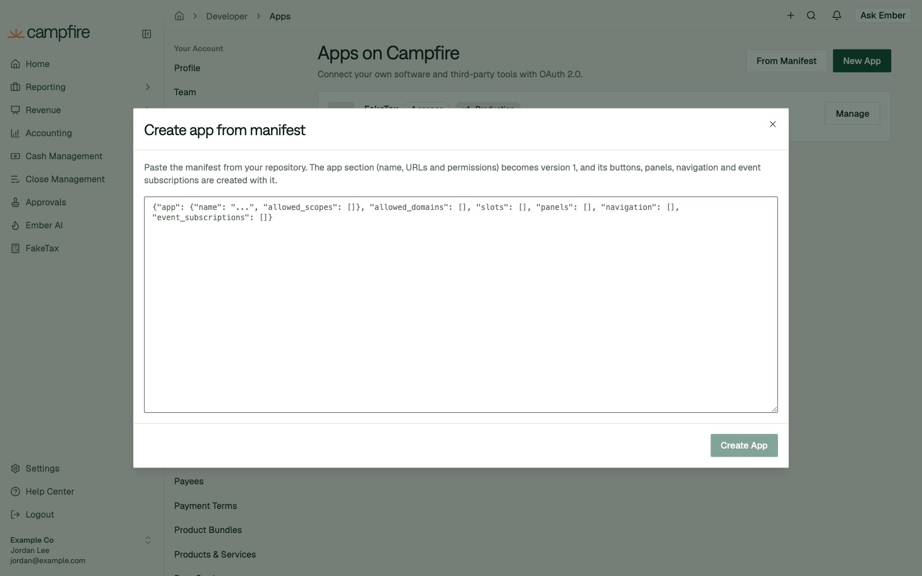 The Create app from manifest dialog with a JSON text area
