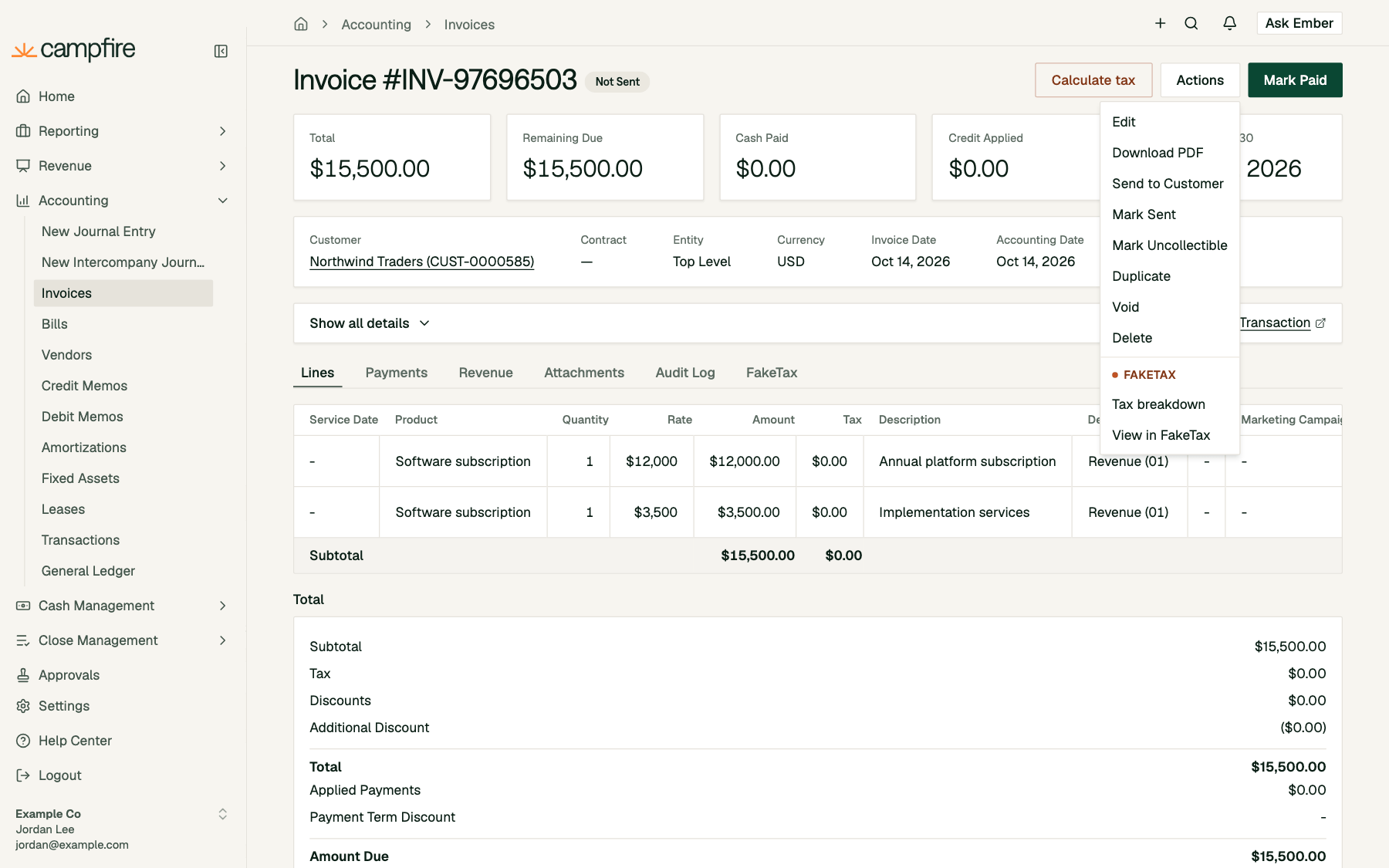 An invoice page with a Calculate tax button and a FakeTax group in the Actions menu containing Tax breakdown and View in FakeTax