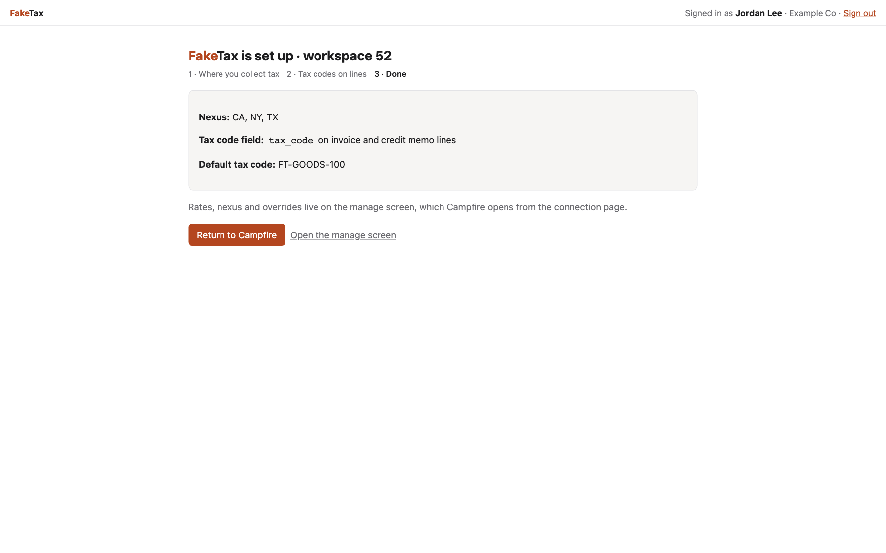 FakeTax setup done, with a Return to Campfire button