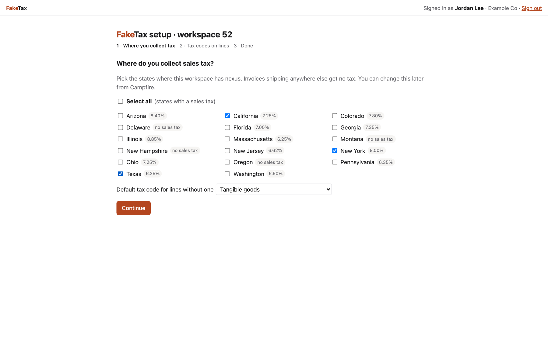 FakeTax setup step 1, choosing states with nexus and a default tax code