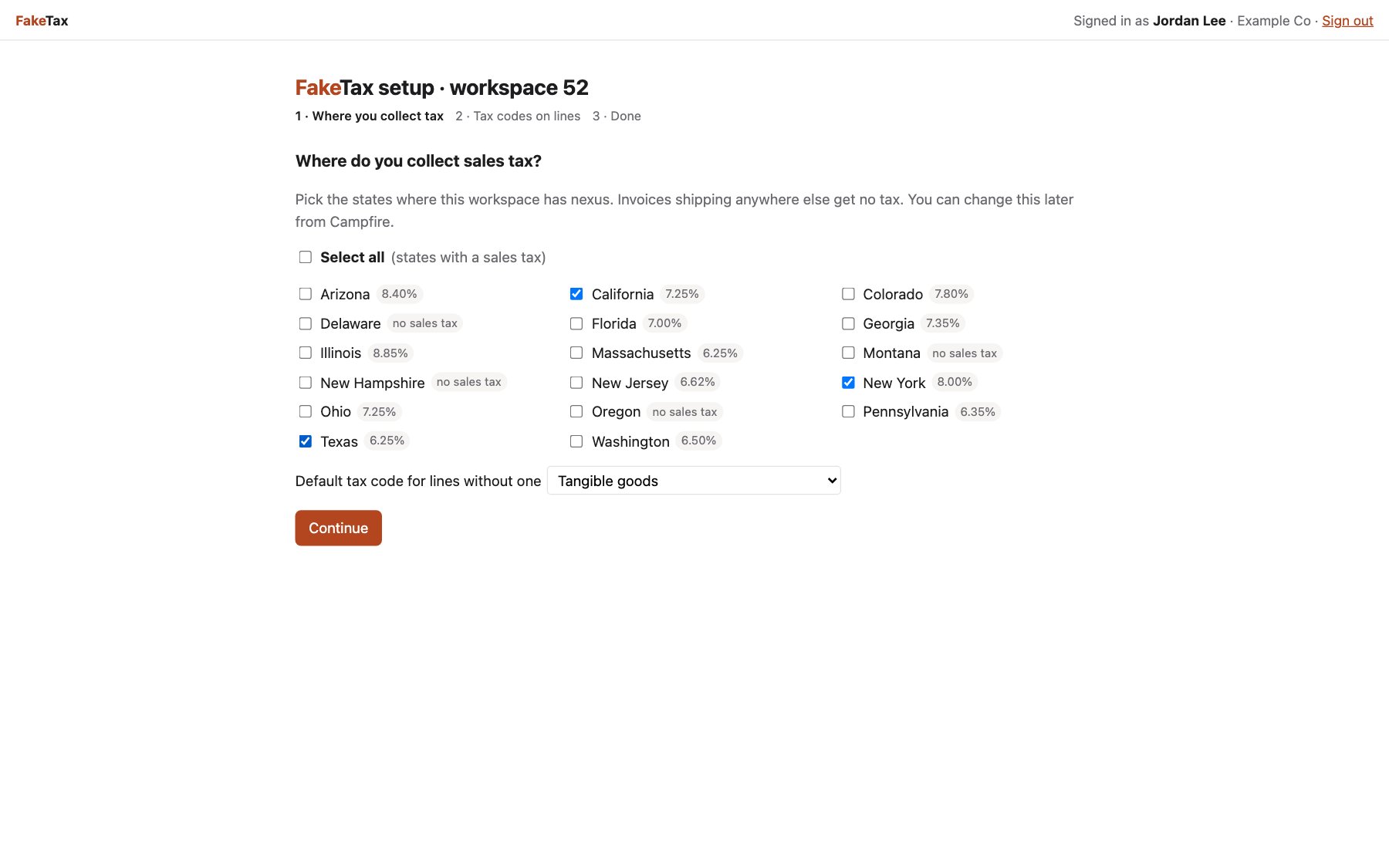 FakeTax setup step 1, choosing states with nexus and a default tax code