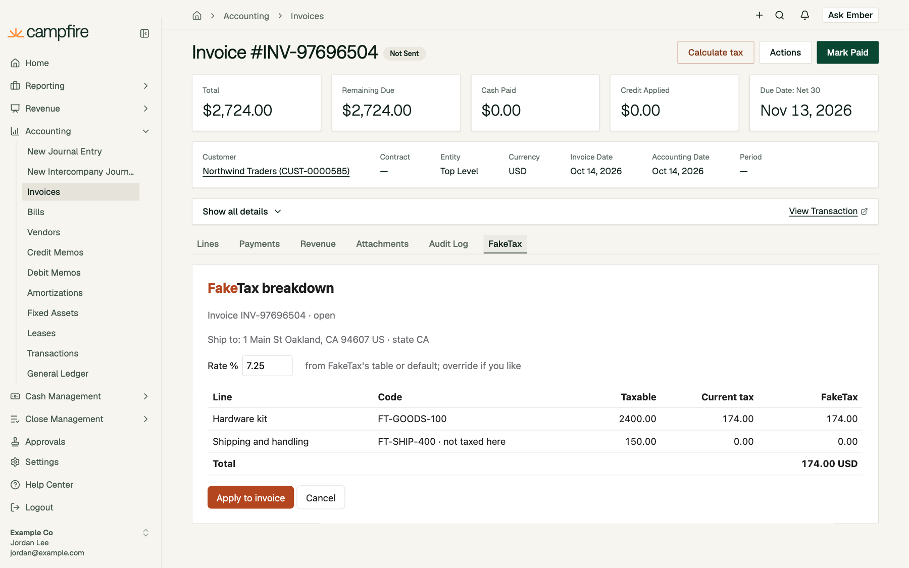 An invoice page with the FakeTax tab selected, showing the tax breakdown embedded in the page