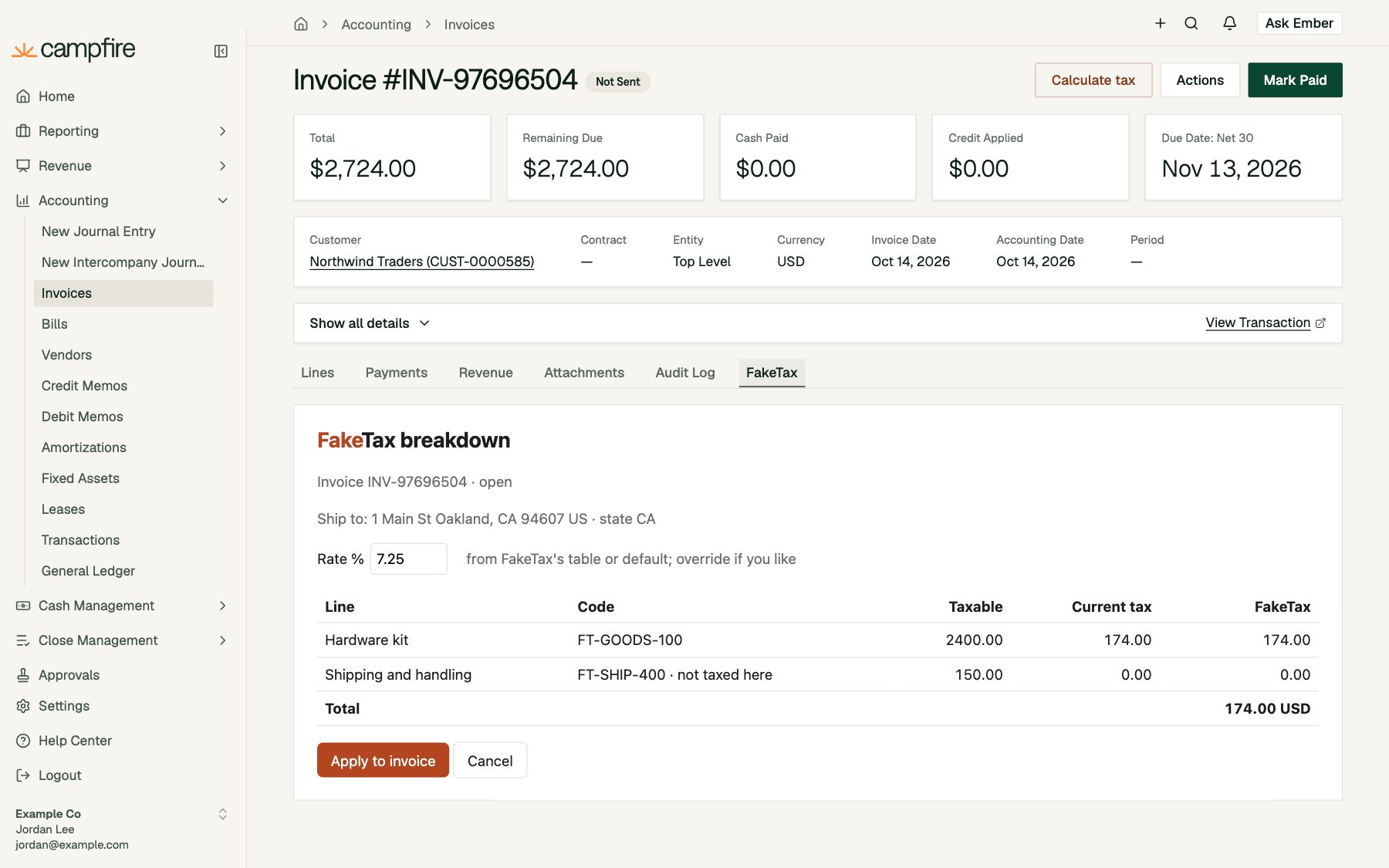 An invoice page with the FakeTax tab selected, showing the tax breakdown embedded in the page
