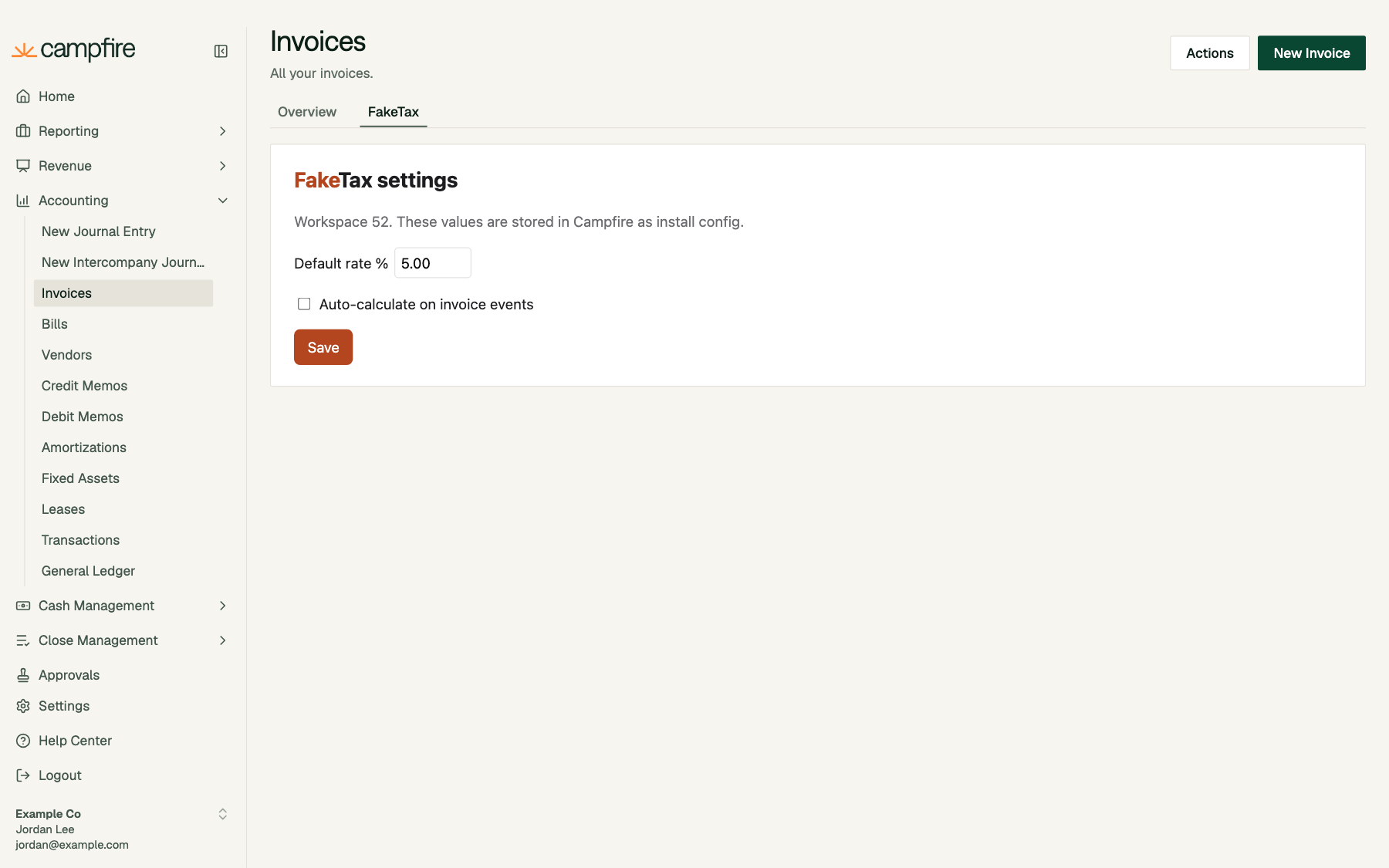 The invoice list with a FakeTax tab showing default rate and auto-calculate settings