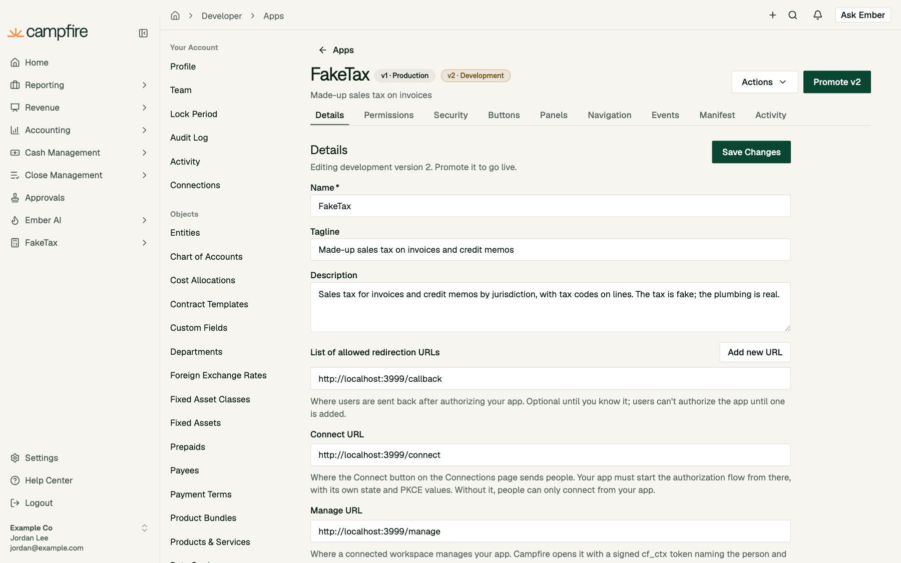 The FakeTax app page with v1 Production and v2 Development badges, a Promote v2 button, and the note Editing development version 2. Promote it to go live.