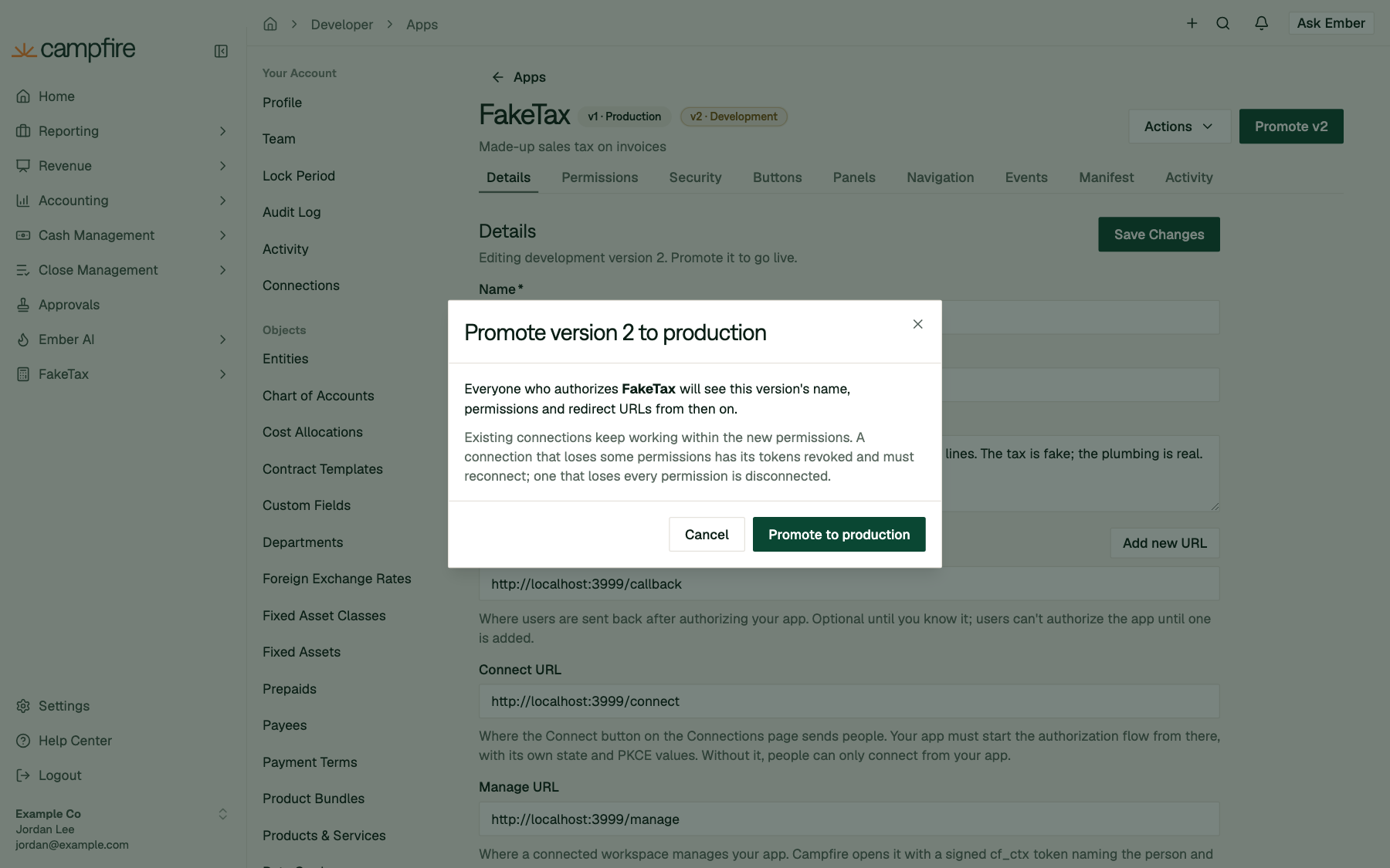 The Promote version 2 to production dialog explaining what happens to existing connections