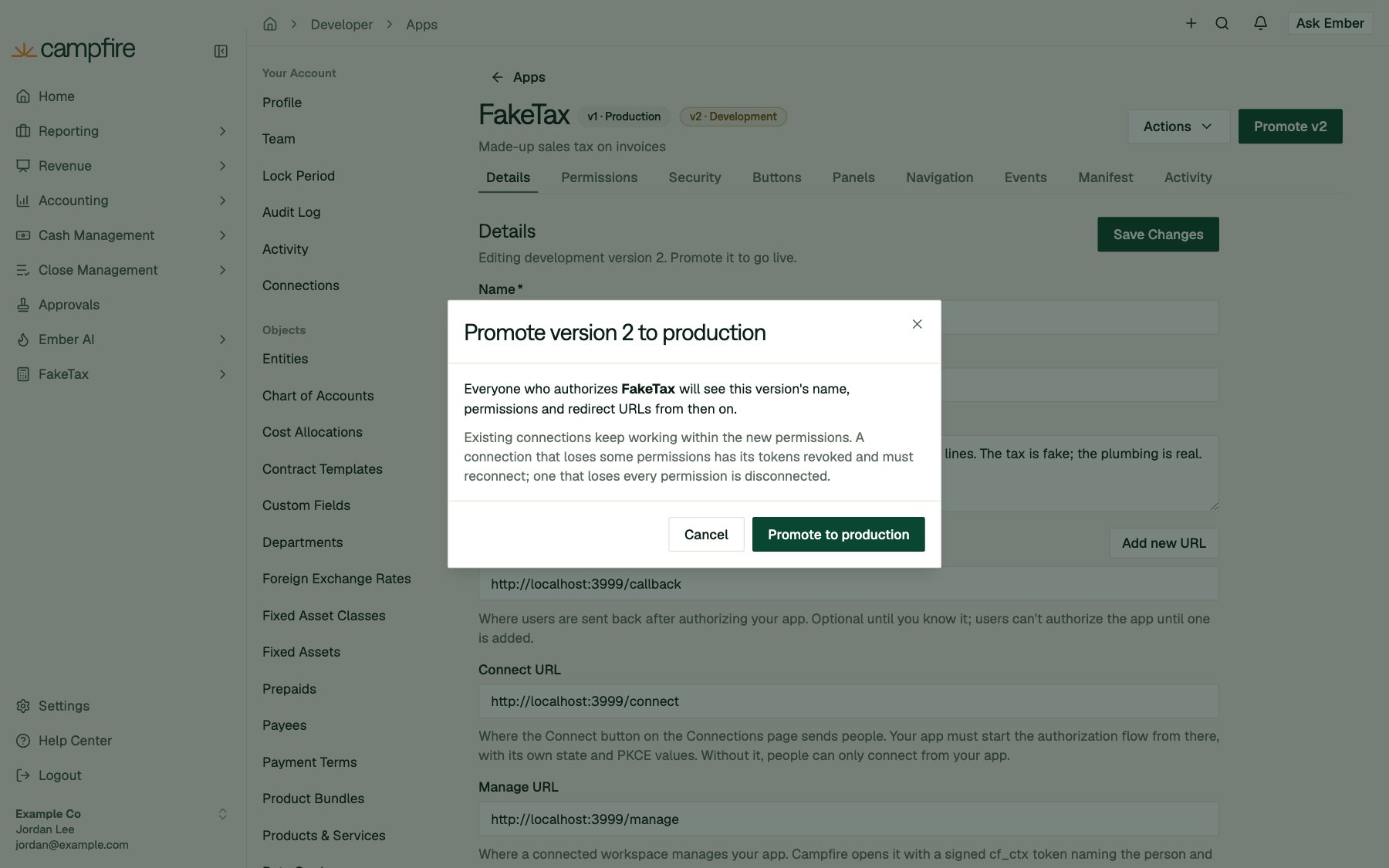 The Promote version 2 to production dialog explaining what happens to existing connections