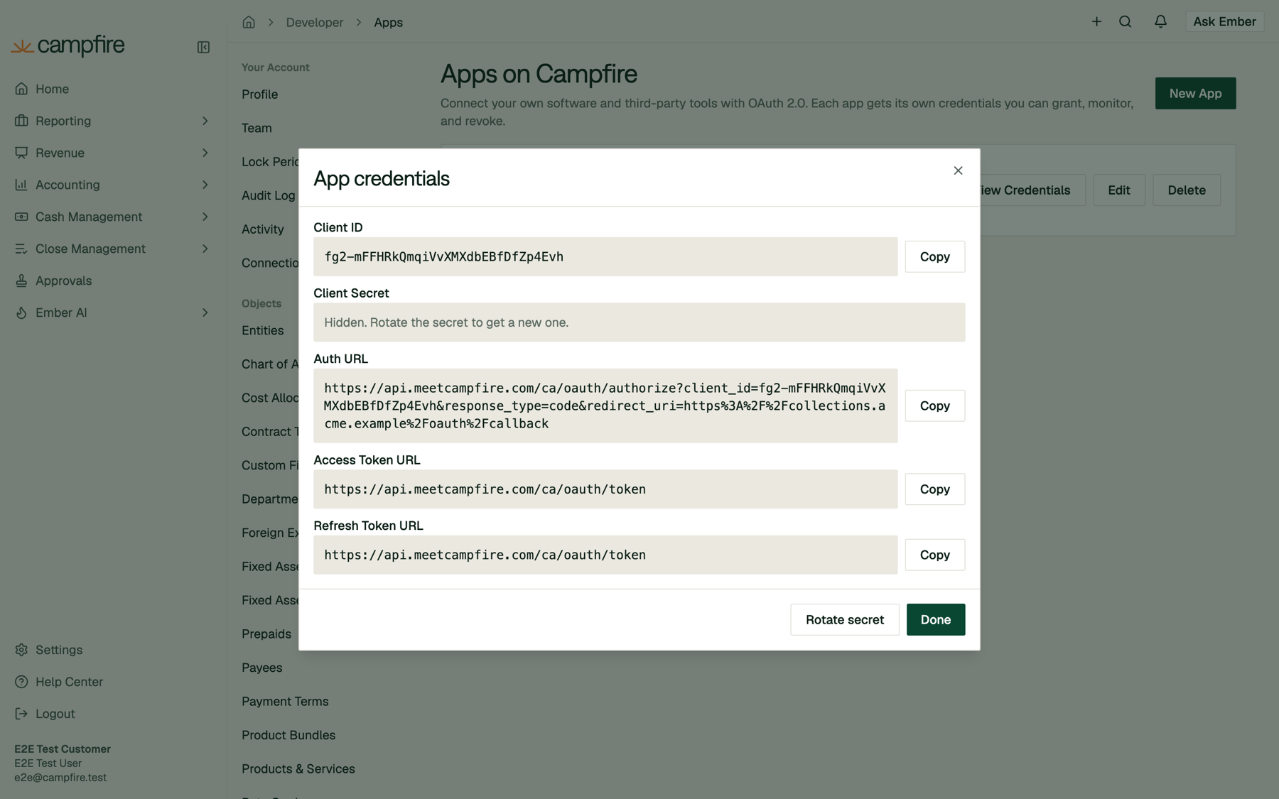 The App credentials dialog with the secret hidden and a Rotate secret button
