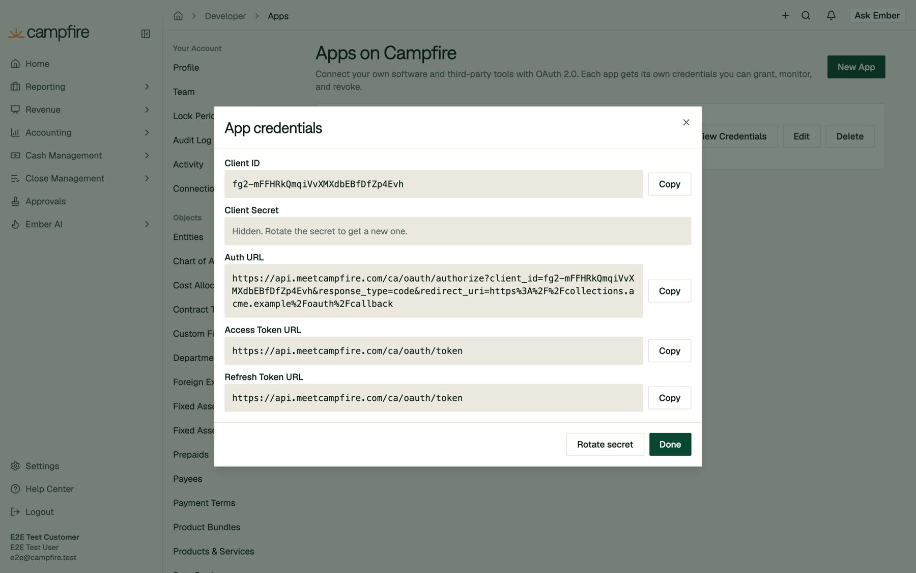 The App credentials dialog with the secret hidden and a Rotate secret button