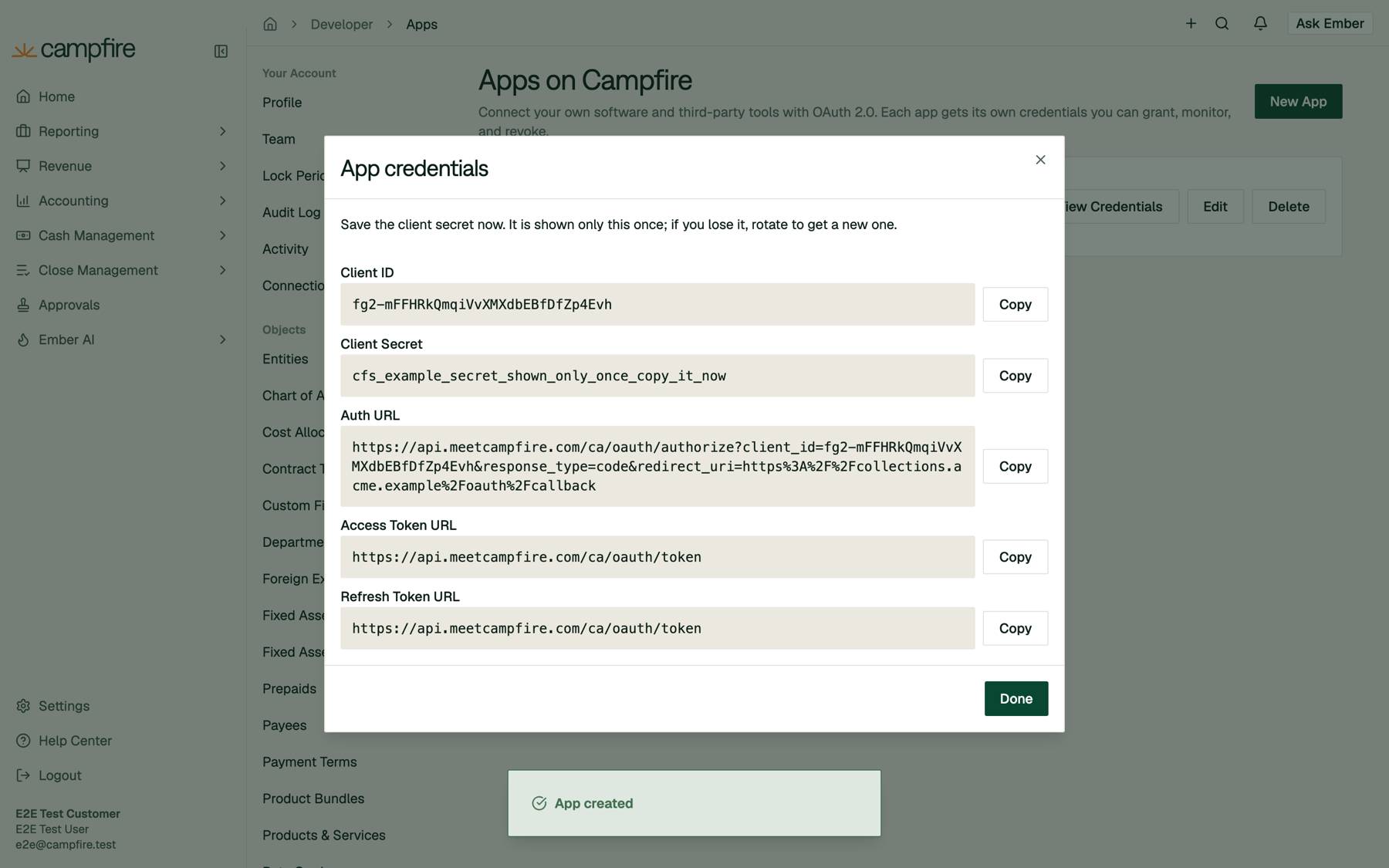 The App credentials dialog showing Client ID, Client Secret, Auth URL, Access Token URL, and Refresh Token URL