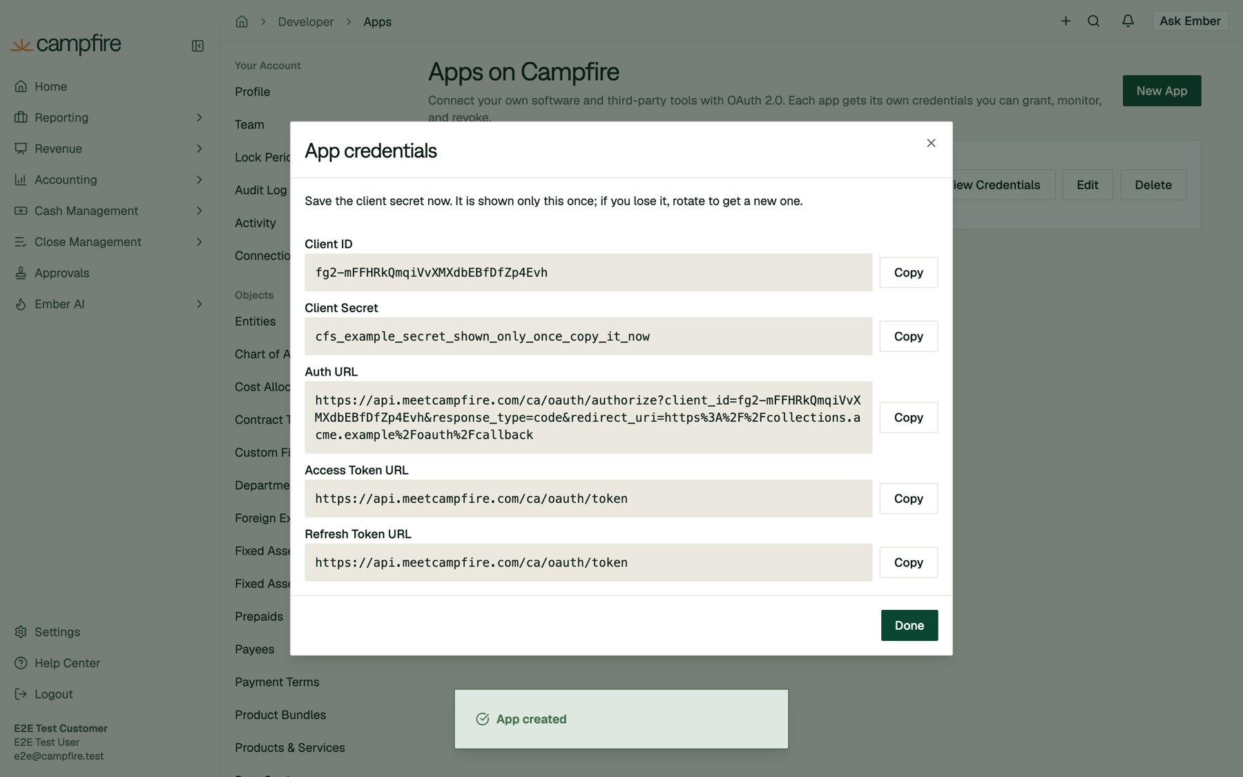 The App credentials dialog showing Client ID, Client Secret, Auth URL, Access Token URL, and Refresh Token URL