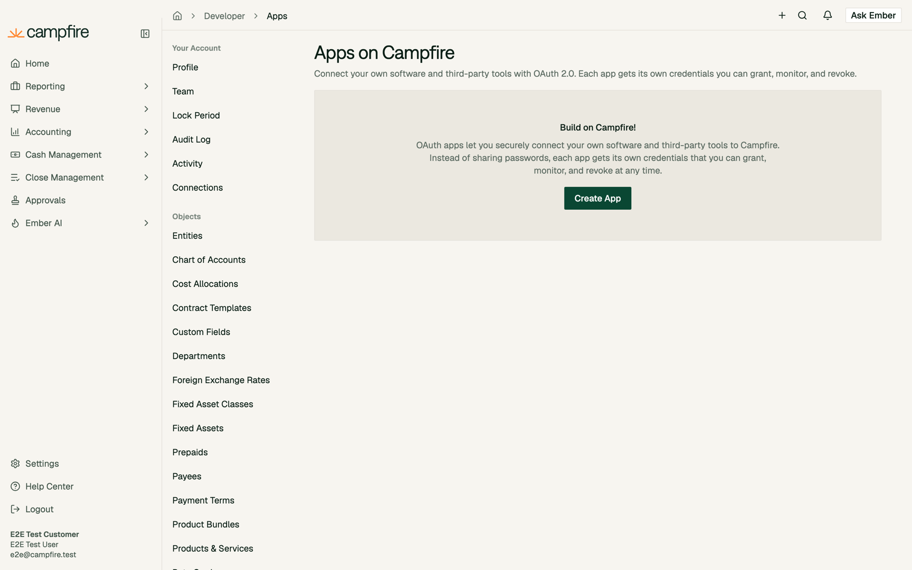 The Apps on Campfire page with no apps and a Create App button