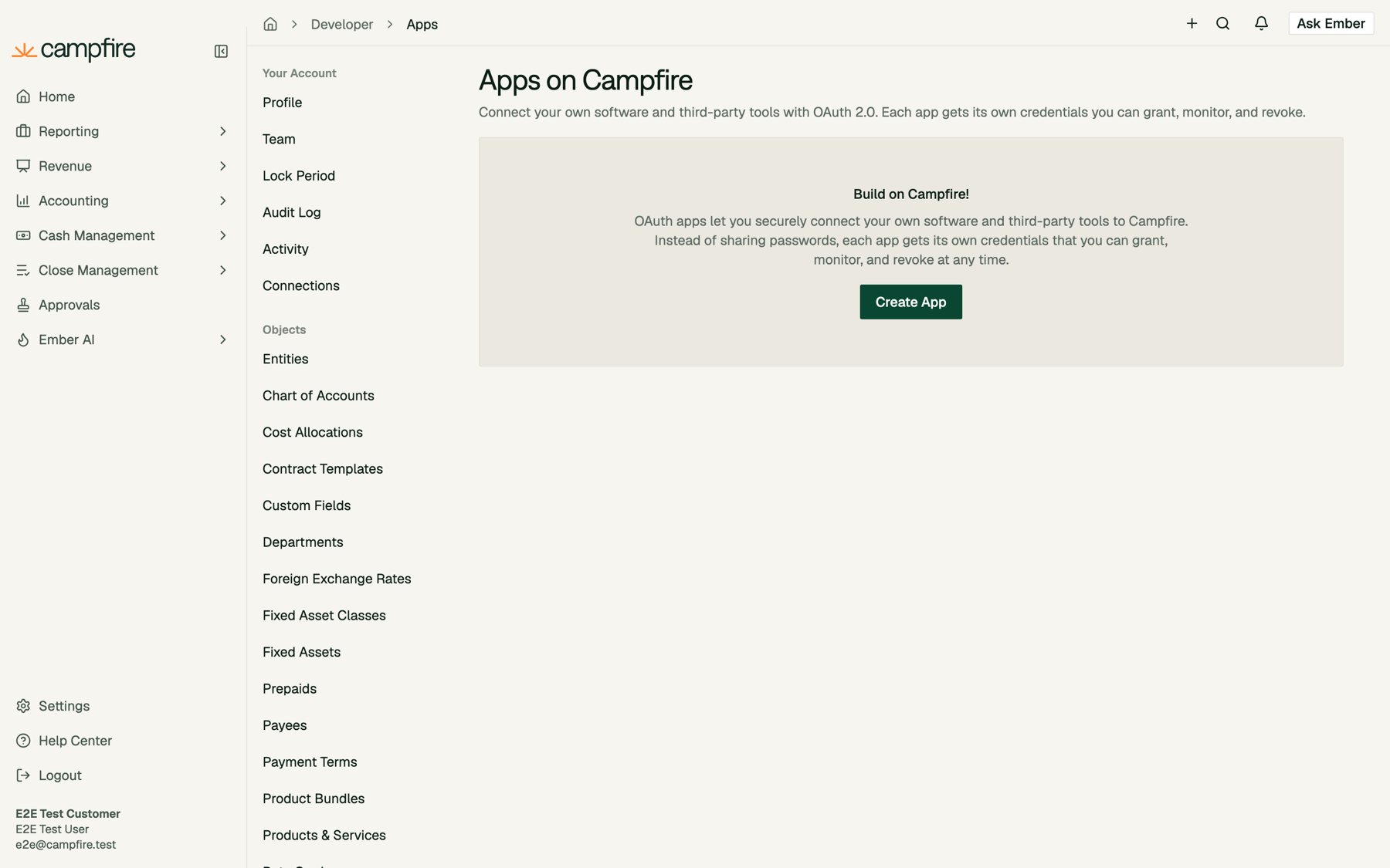 The Apps on Campfire page with no apps and a Create App button