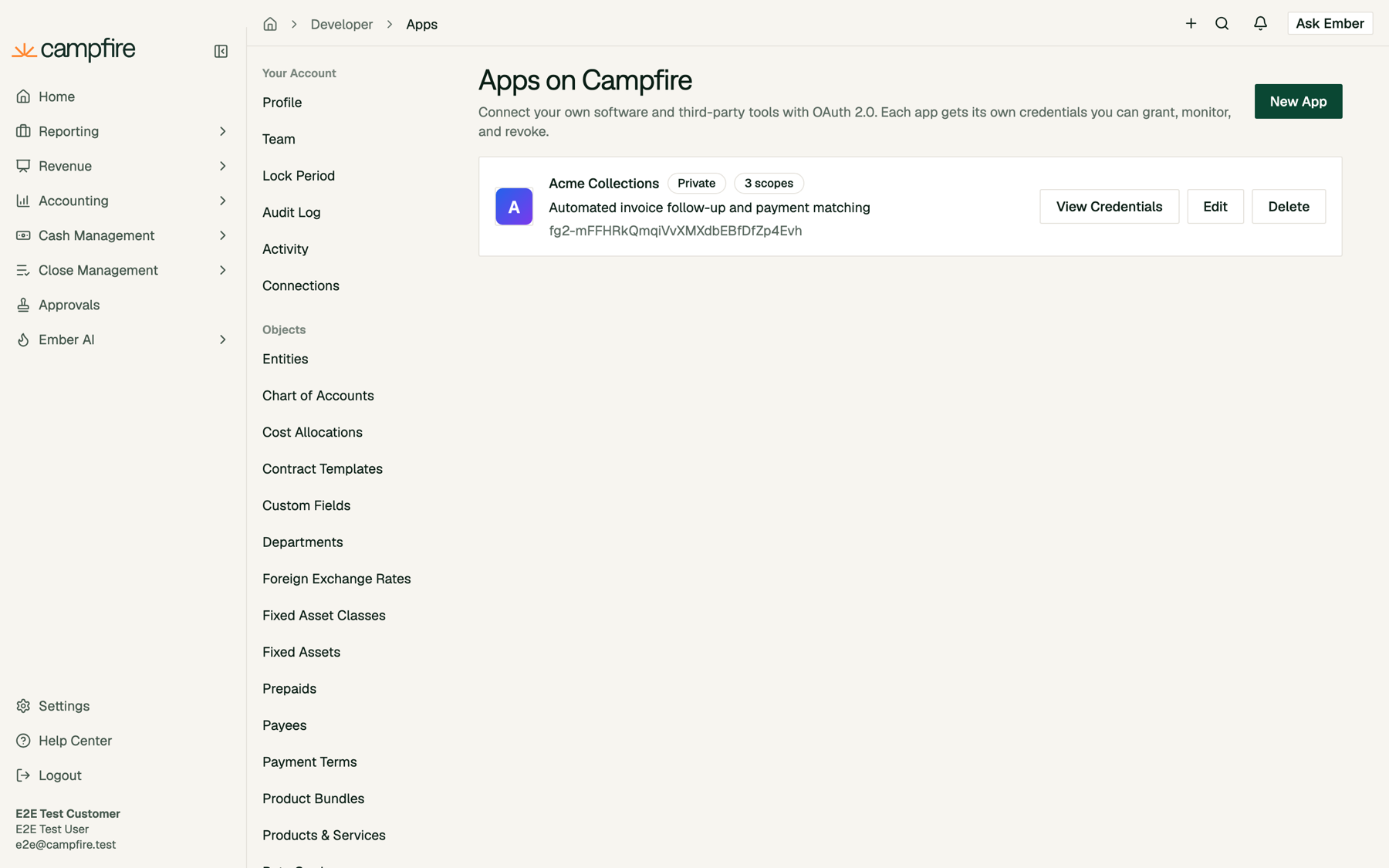 The Apps page listing Acme Collections as Private with 3 scopes